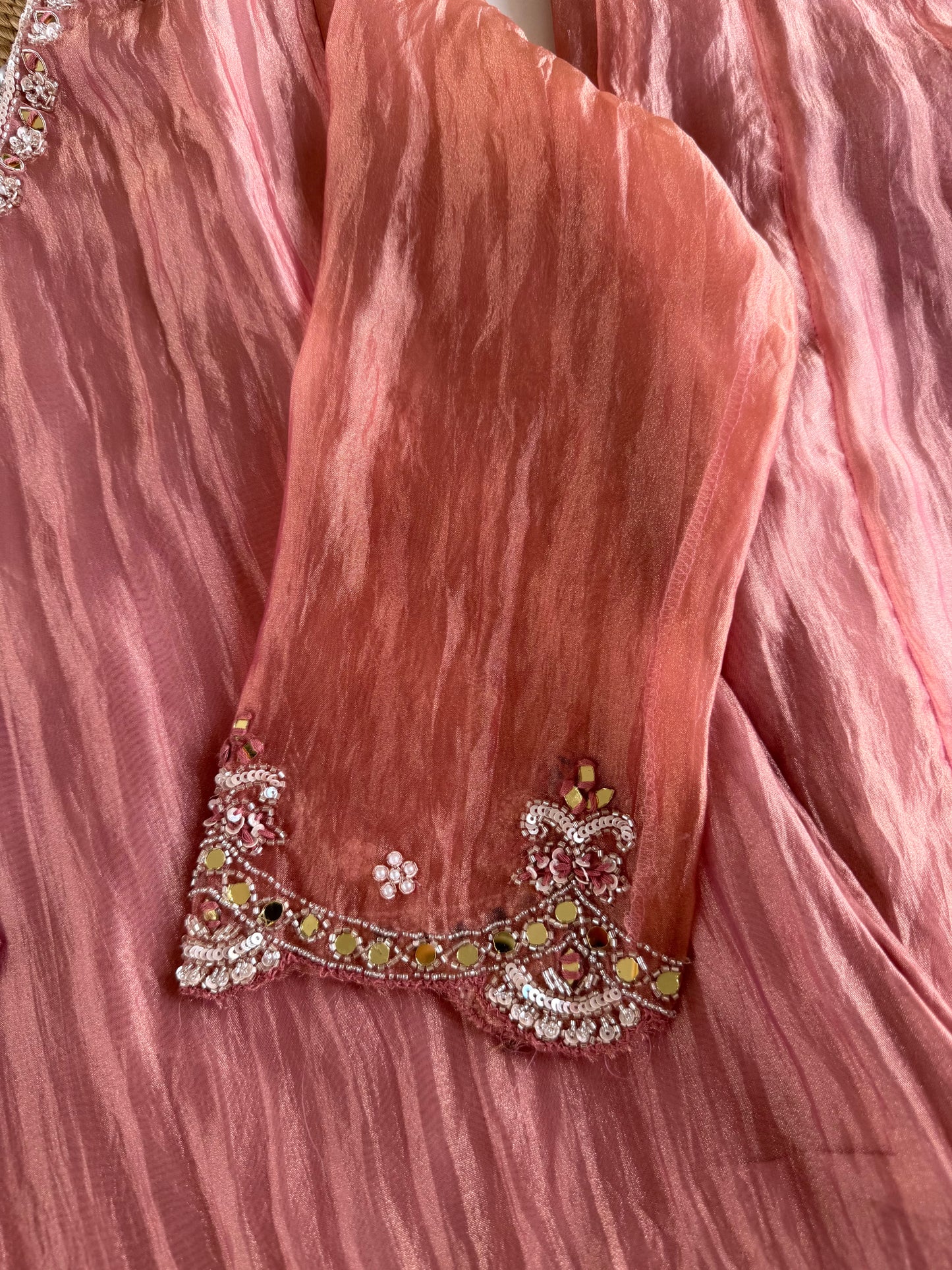 K500 - Glass tissue silk handwork short Kurti with divider pants and dupatta