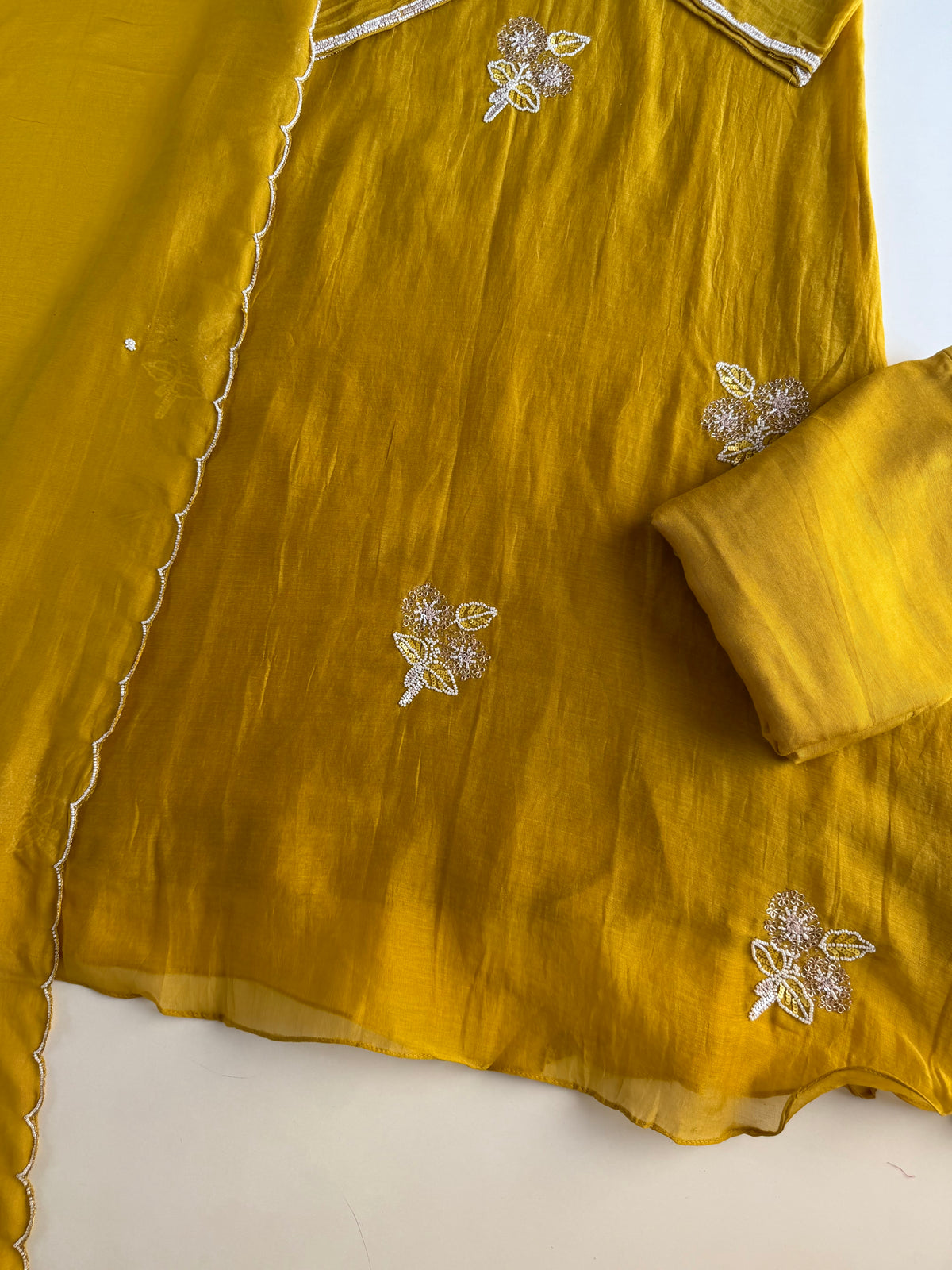 K582 - Mul chanderi handwork aline Kurti with pants and dupatta