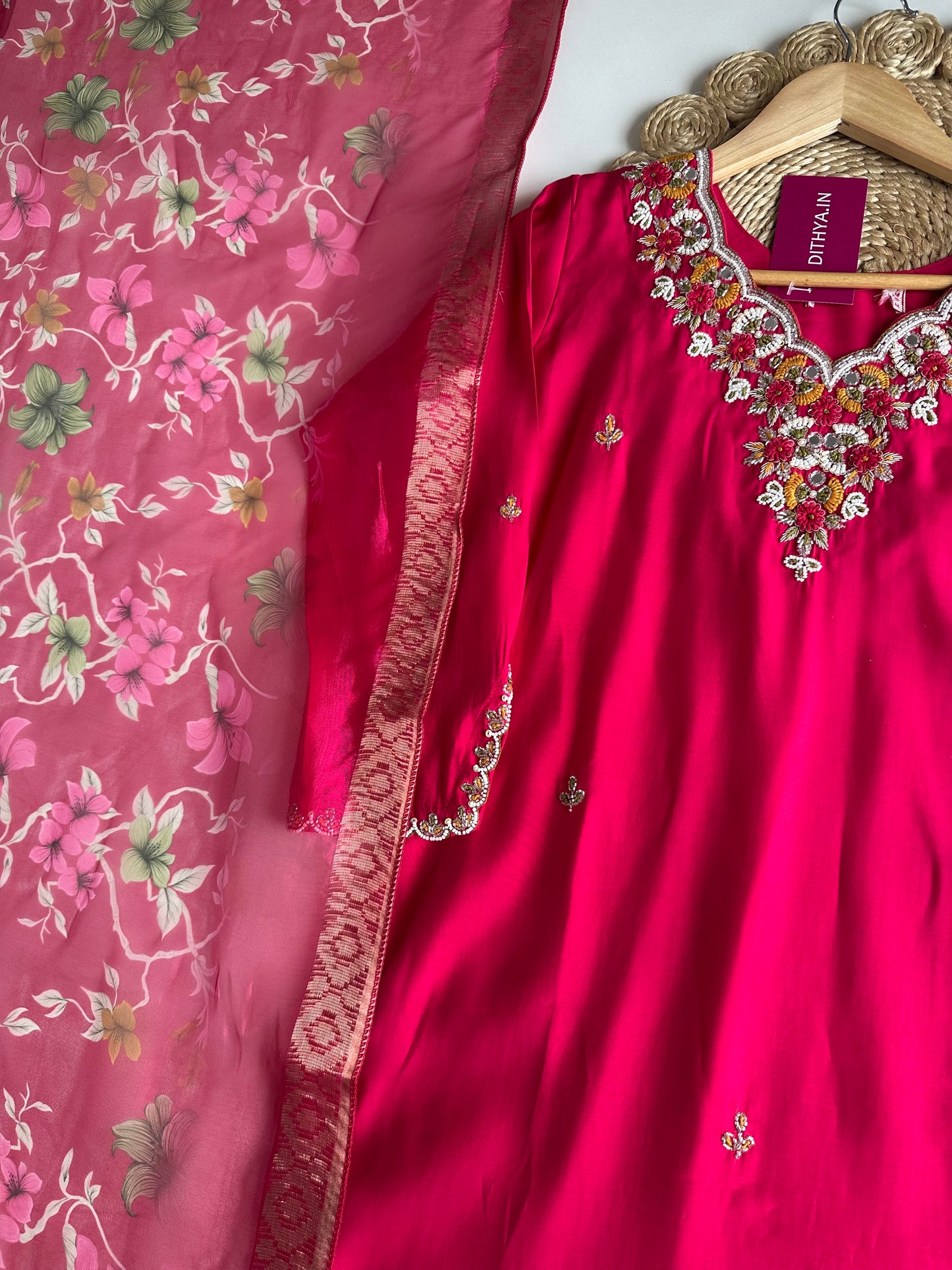 K274 - Roman silk handwork straight Kurti with pants and dupatta