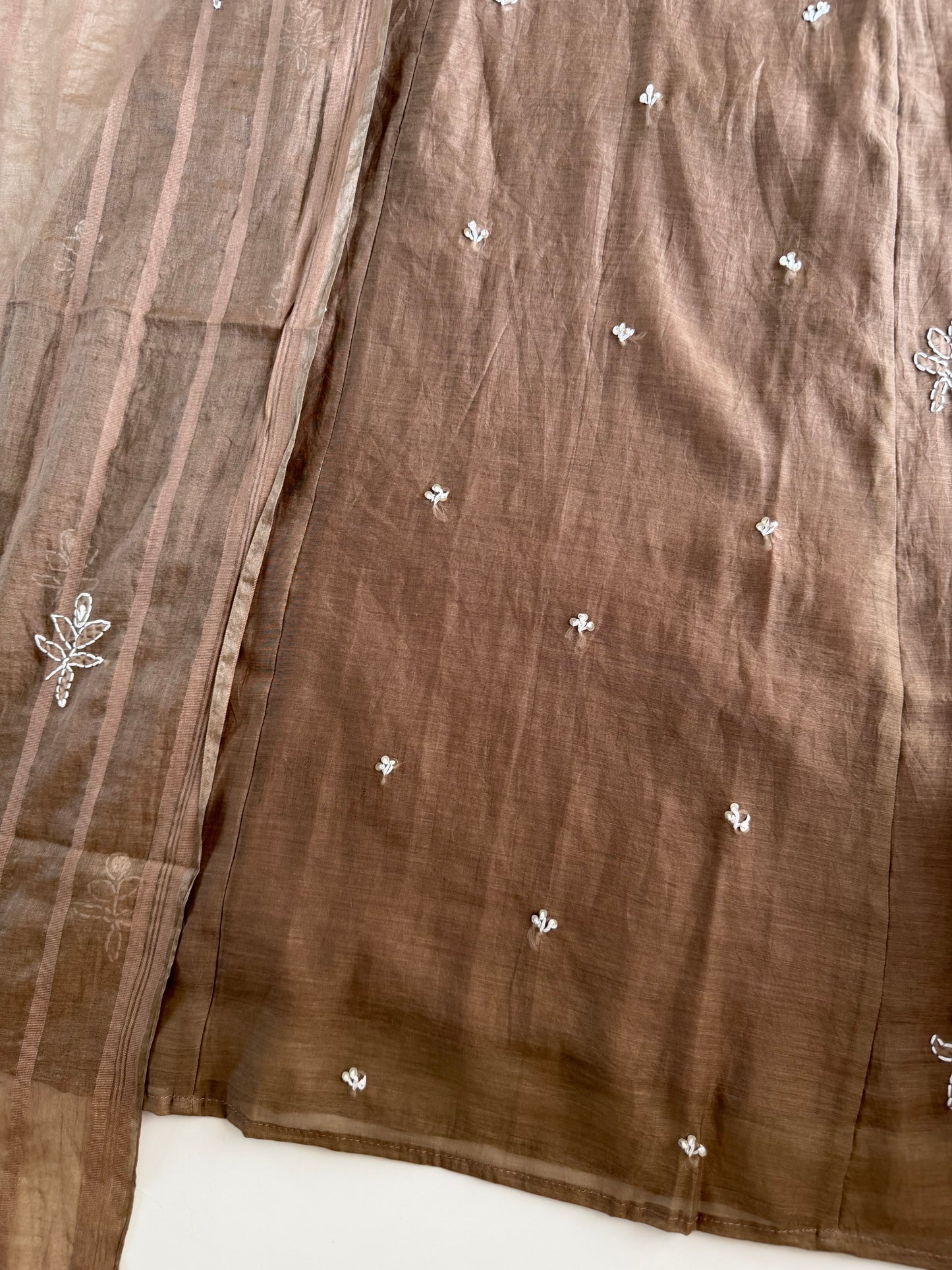 K729 - Mul chanderi embroidered Aline Kurti with pants and dupatta