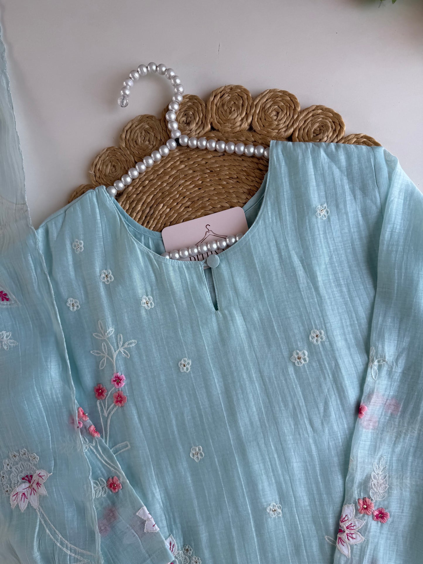 K275 - Mul chanderi embroidered straight Kurti with pants and dupatta