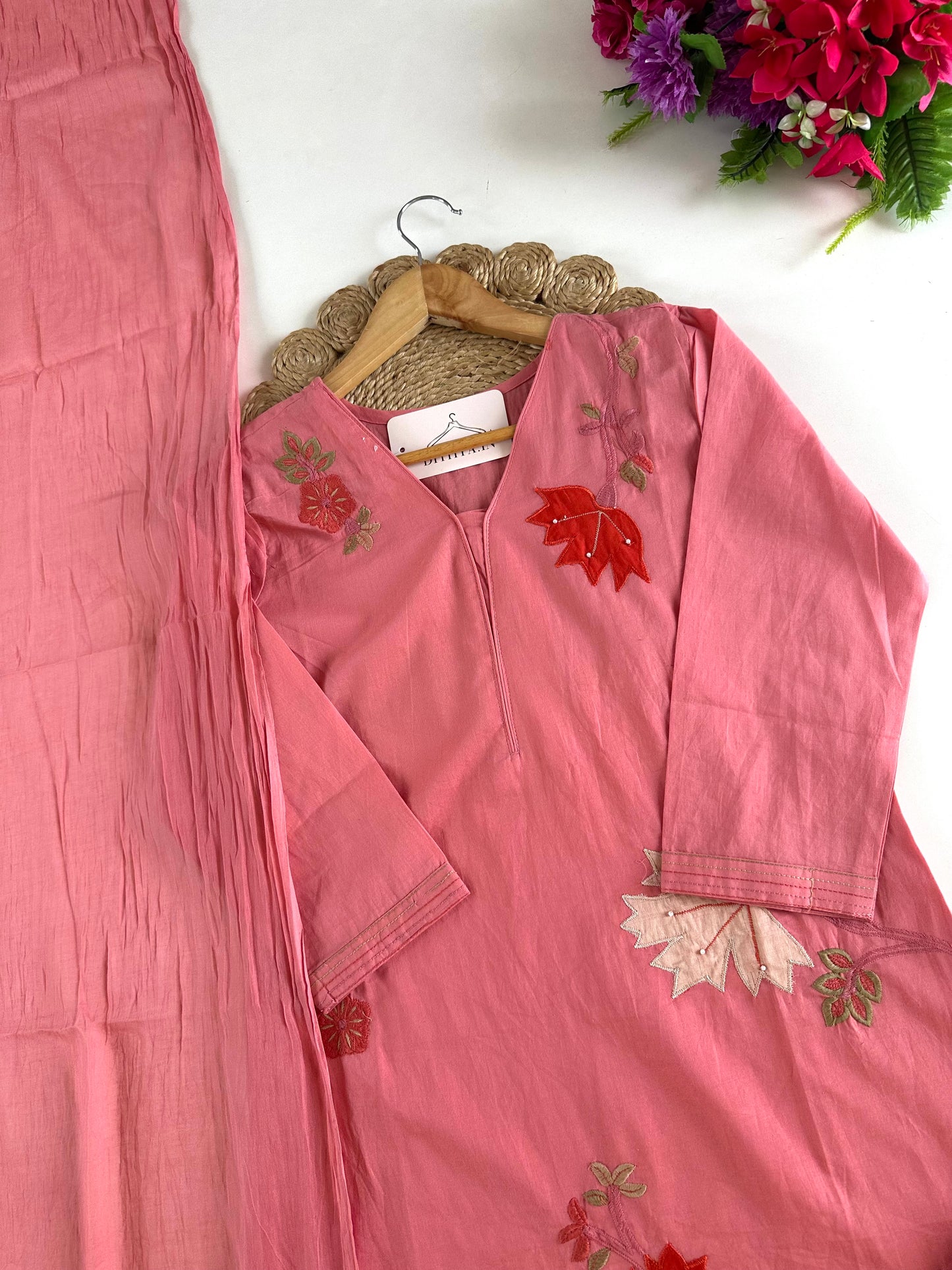 K388 - Mul cotton appliqué Aline Kurti with pants and dupatta