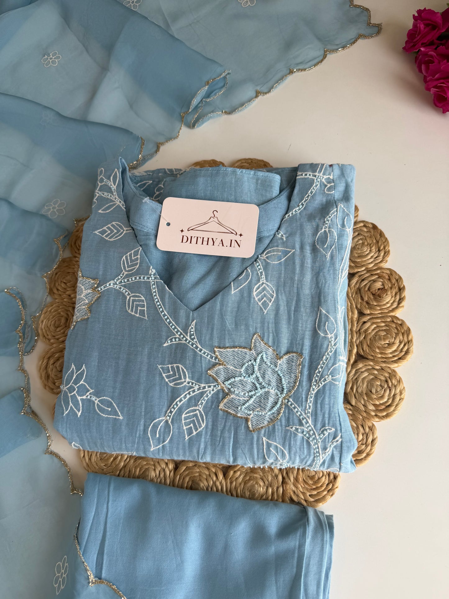 K735 - Mul chanderi embroidered Anarkali with pants and dupatta in 2 colours