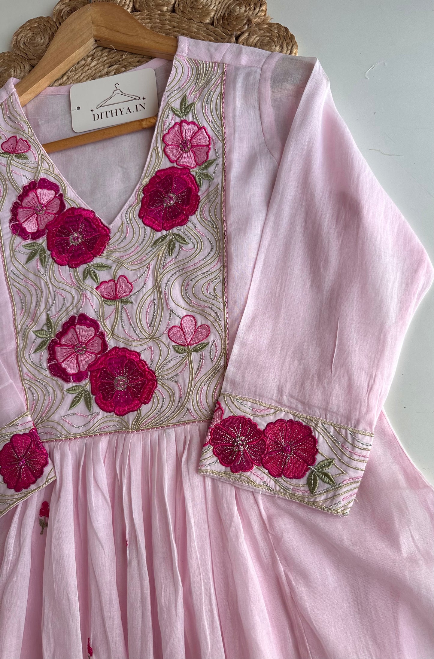 K606 - Mul cotton embroidered Anarkali with pants and dupatta