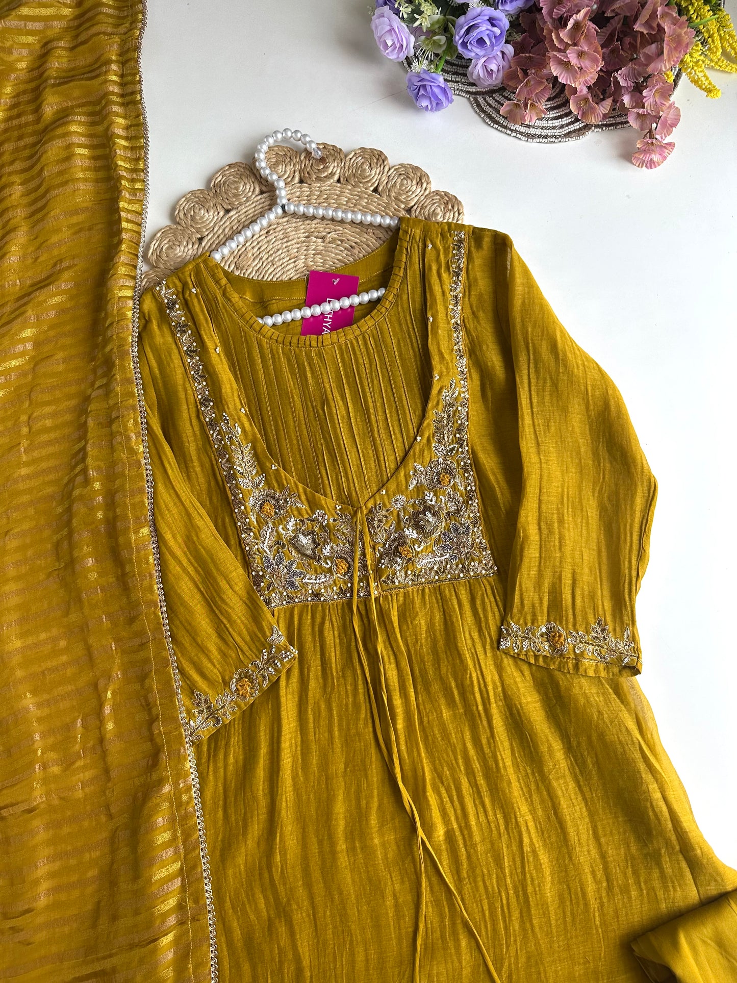 K102 - Mul Chanderi handwork Aline Kurti with pants and dupatta in 2 colours