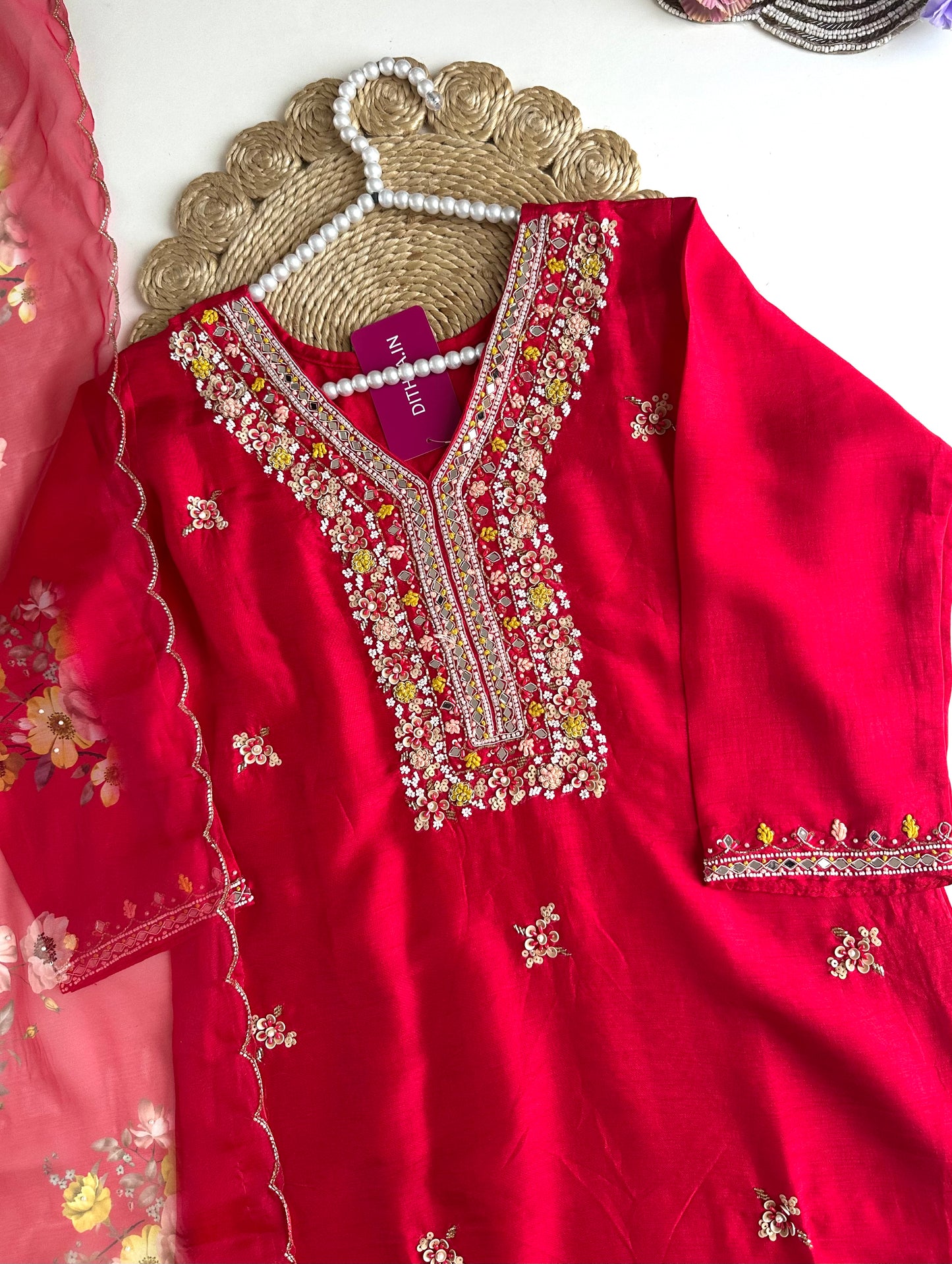 K018 - Russian silk handwork straight Kurti with pants and dupatta