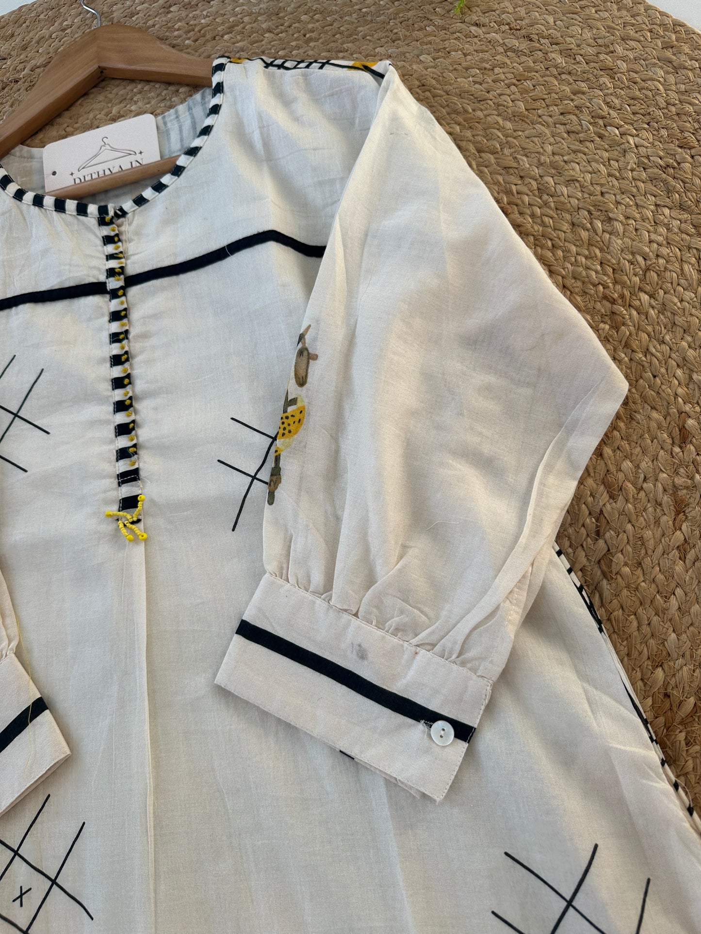 K579 - Mul cotton printed with handwork Aline Kurti with pants