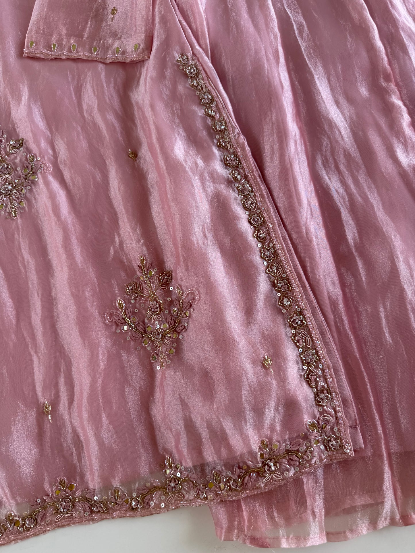 K391 - Glass tissue silk handwork short Kurti with divider pants and dupatta