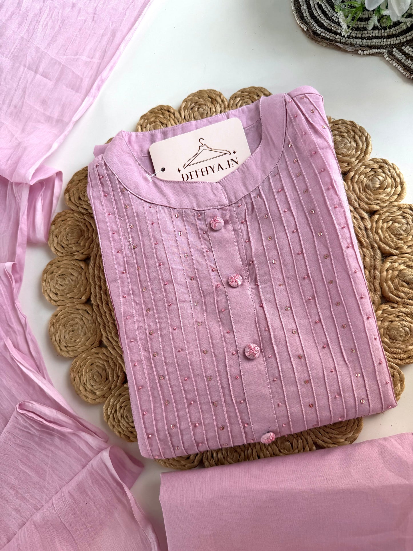 K446 - Mul cotton appliqué work aline Kurti with pants and dupatta