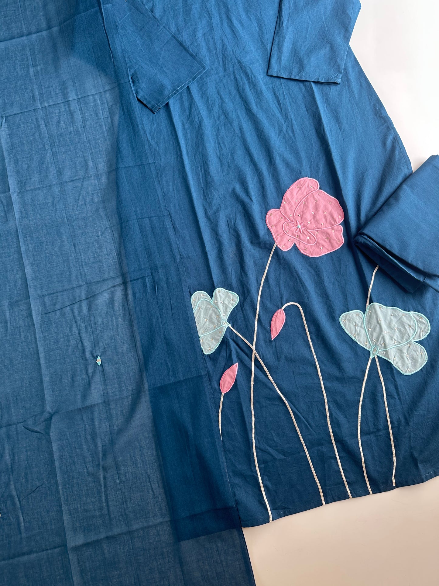 K198 - Mul cotton embroidered straight Kurti with pants and dupatta