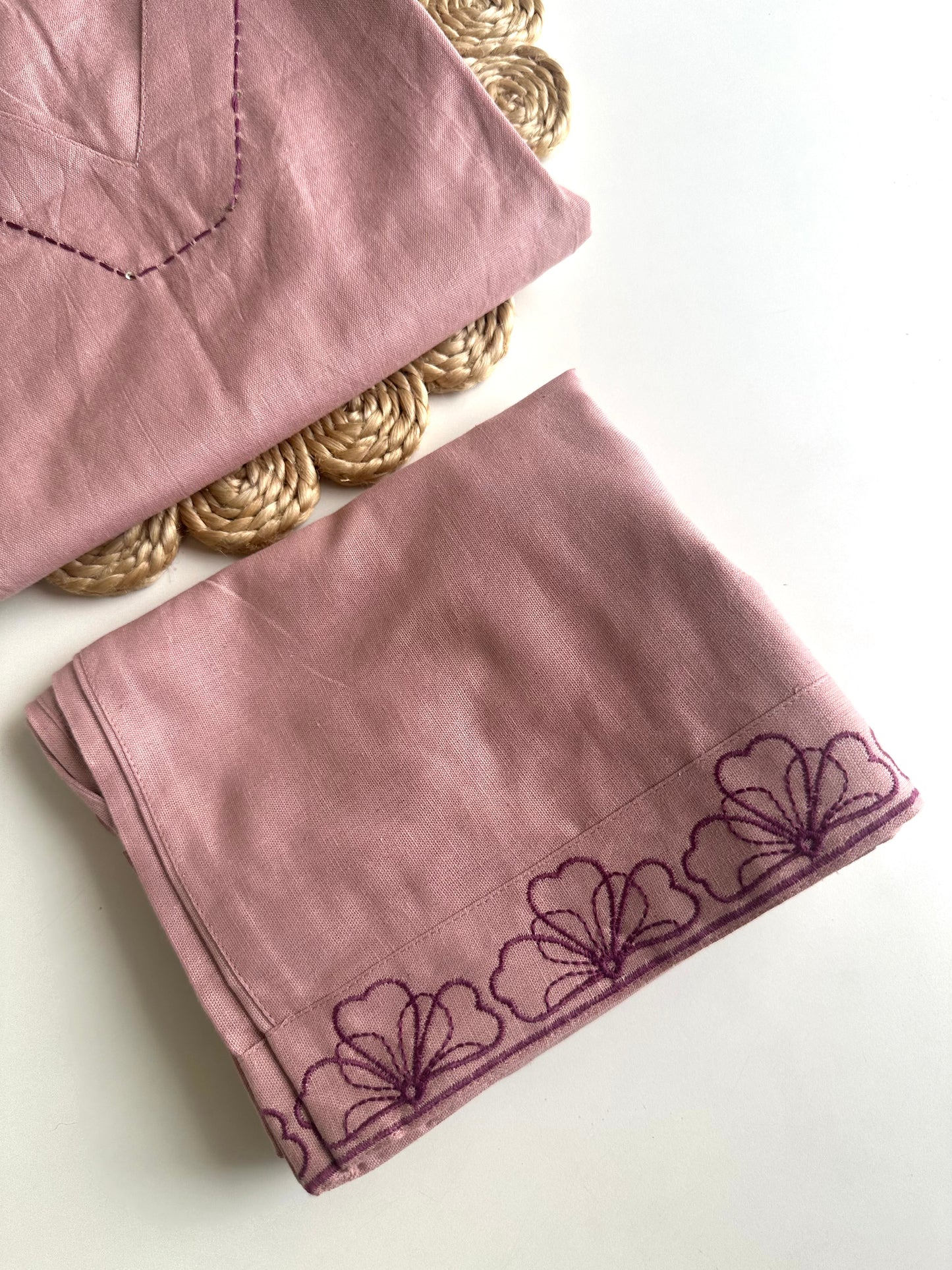 K438 - Linen cotton embroidered Aline Kurti with pants in 2 colours