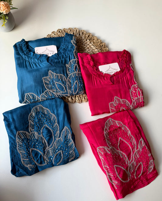 K531 - Pure crape handwork coord set in 2 colours