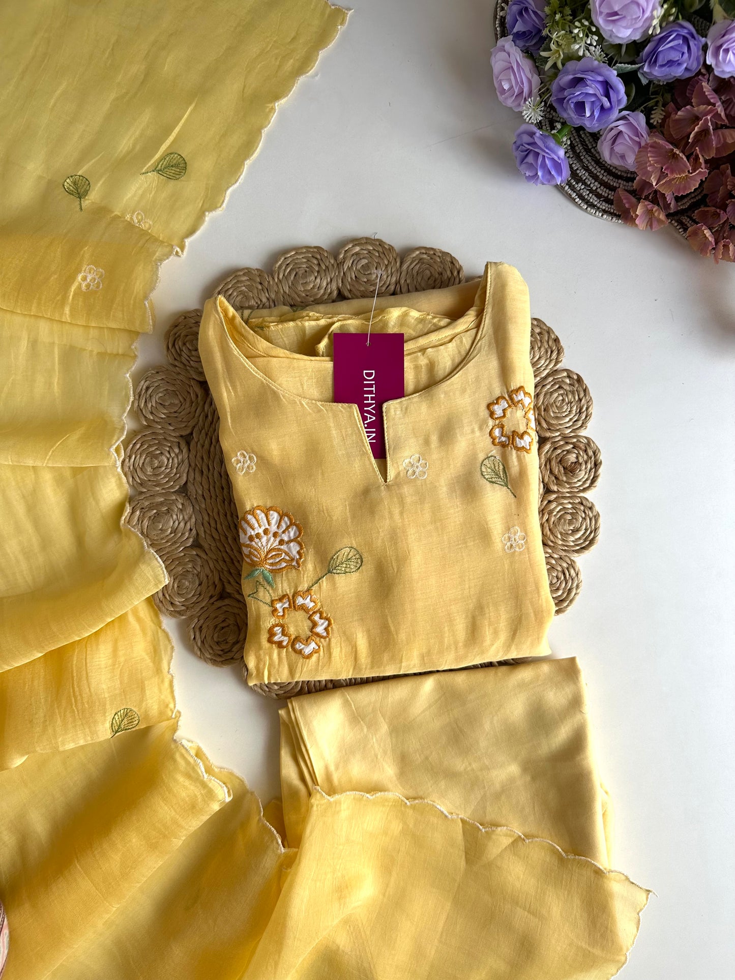 K086 - Mul Chanderi Appliqué work Aline Kurti with pants and dupatta