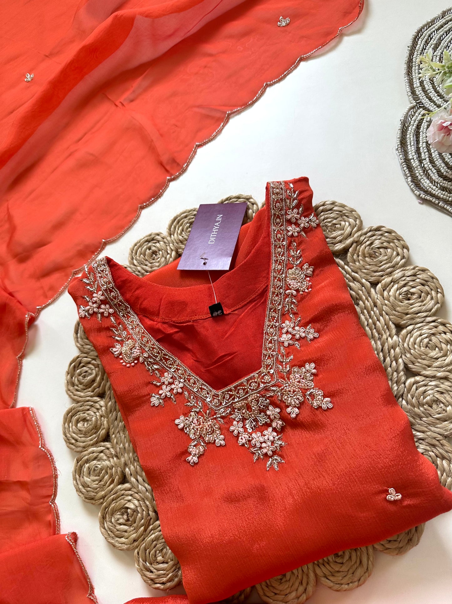 K104 - Chinnon Handwork Short kurti with sharara and dupatta.