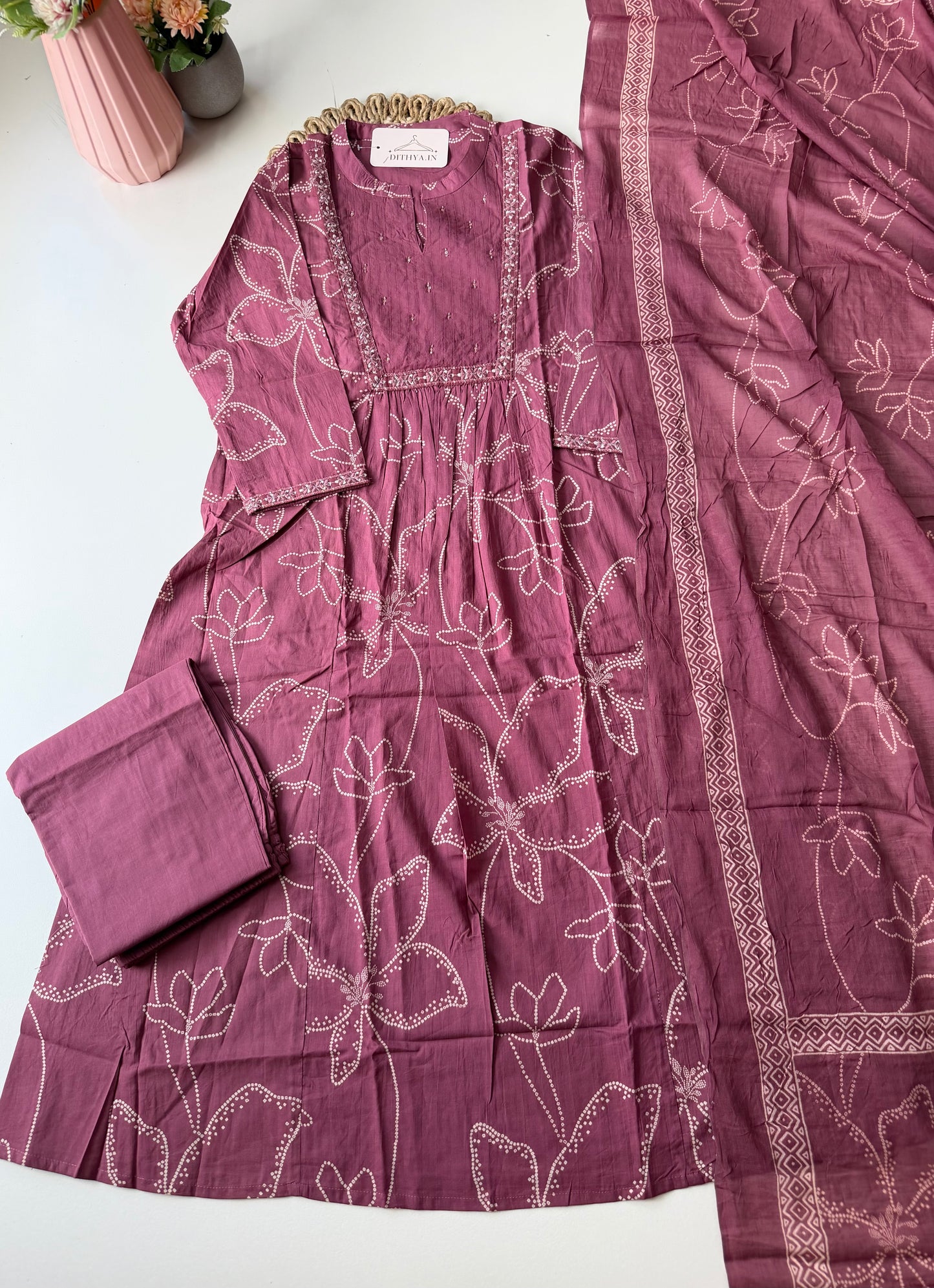 K586 - Cotton embroidery aline kurti with pants and dupatta