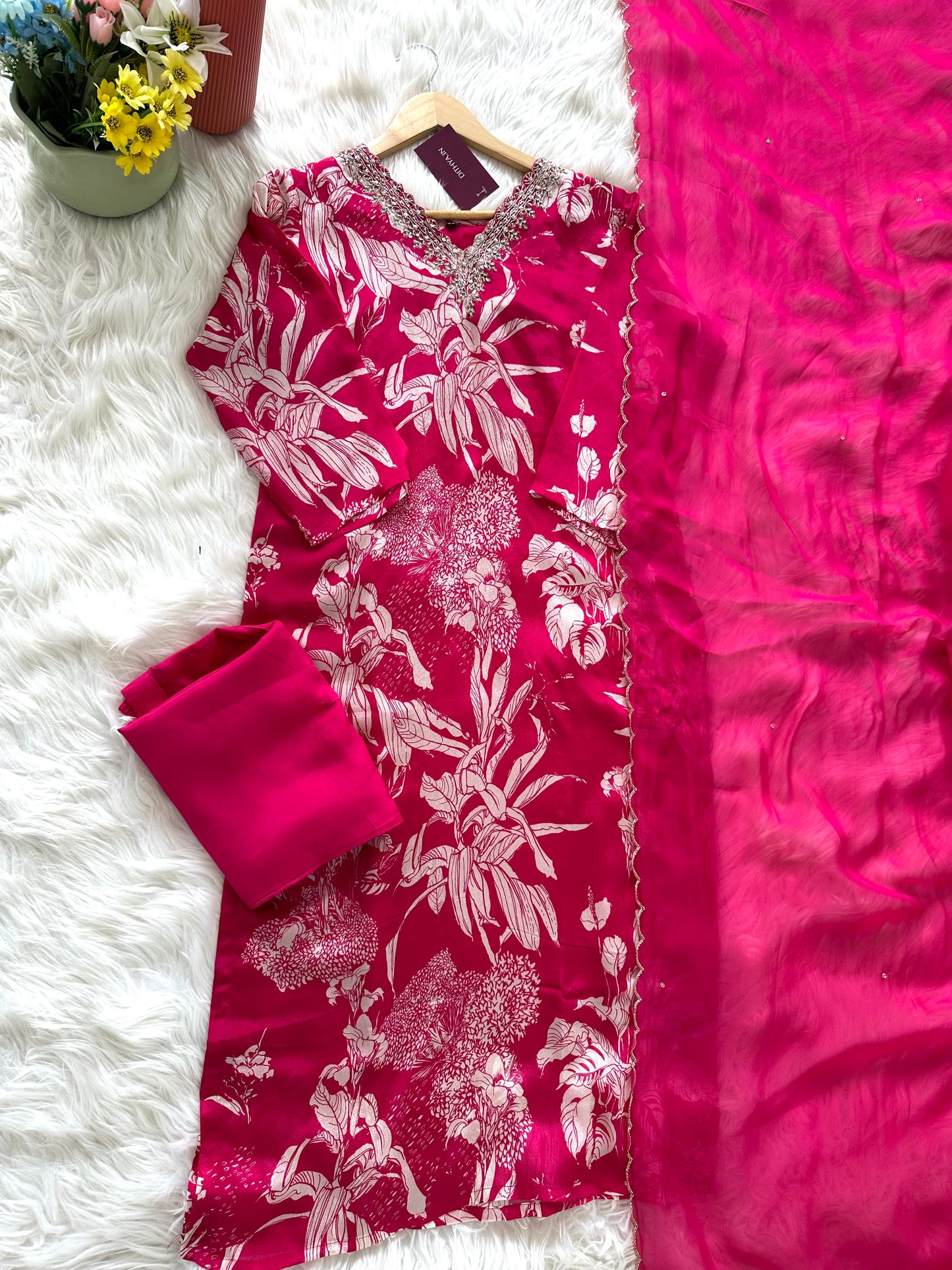 K431 - Chinnon floral straight Kurti with pants and dupatta in 2 colours