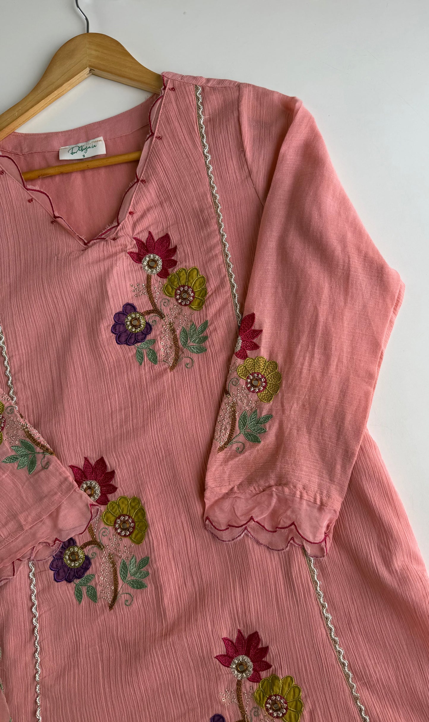 K539 - Crushed mul Chanderi embroidered Aline Kurti with pants and dupatta
