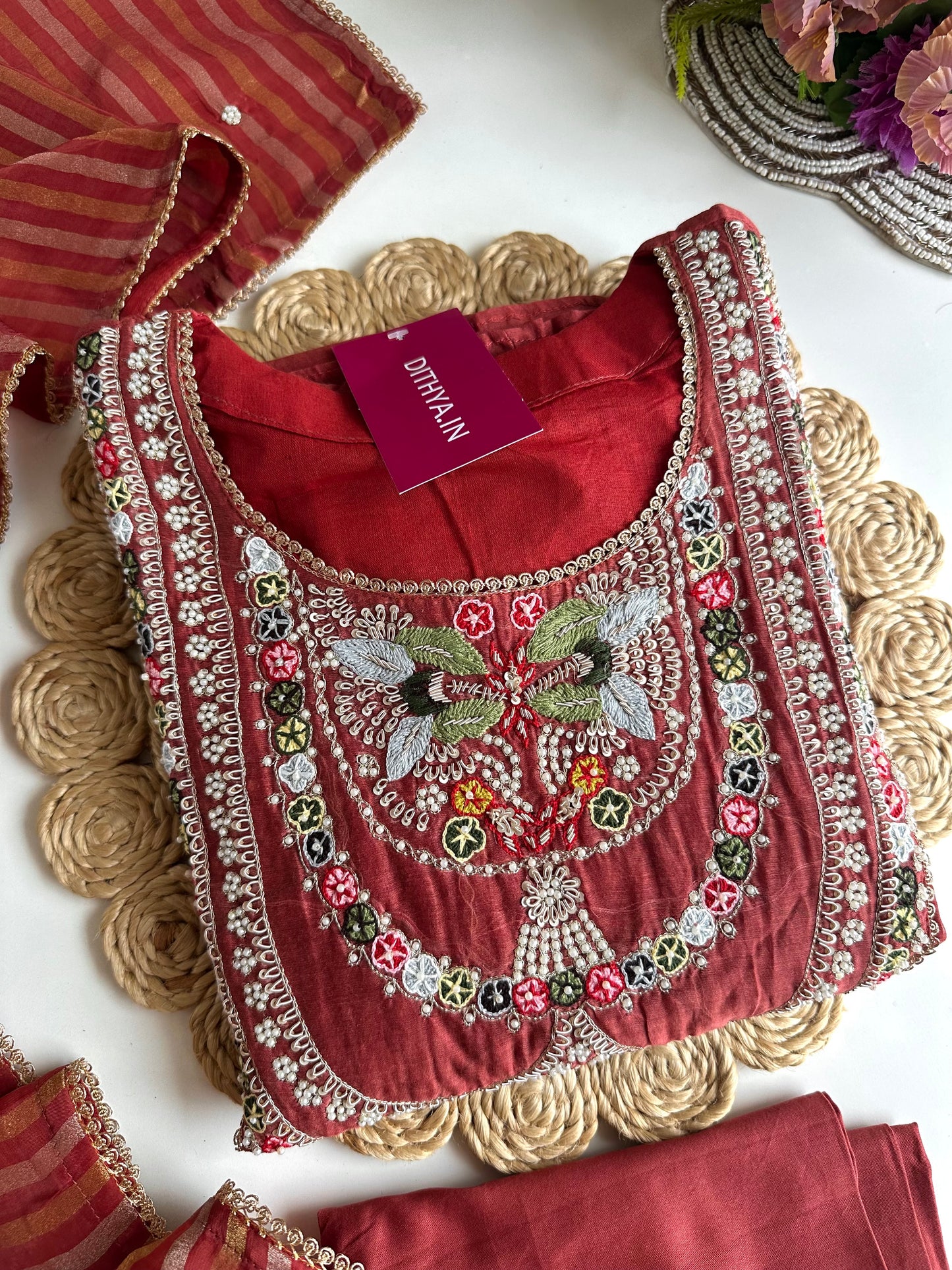 K037 - Mul Chanderi handwork Anarkali with pants and dupatta