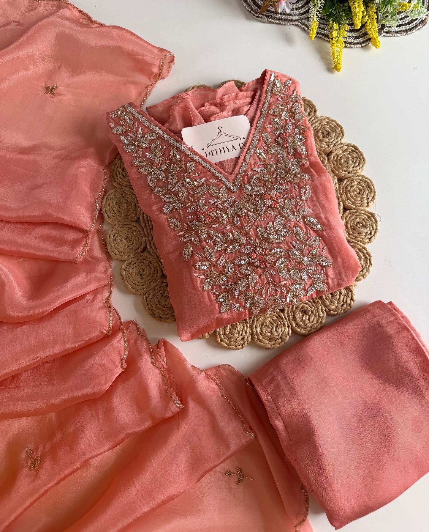 K204 - HO silk Aline handwork Kurti with pants and dupatta