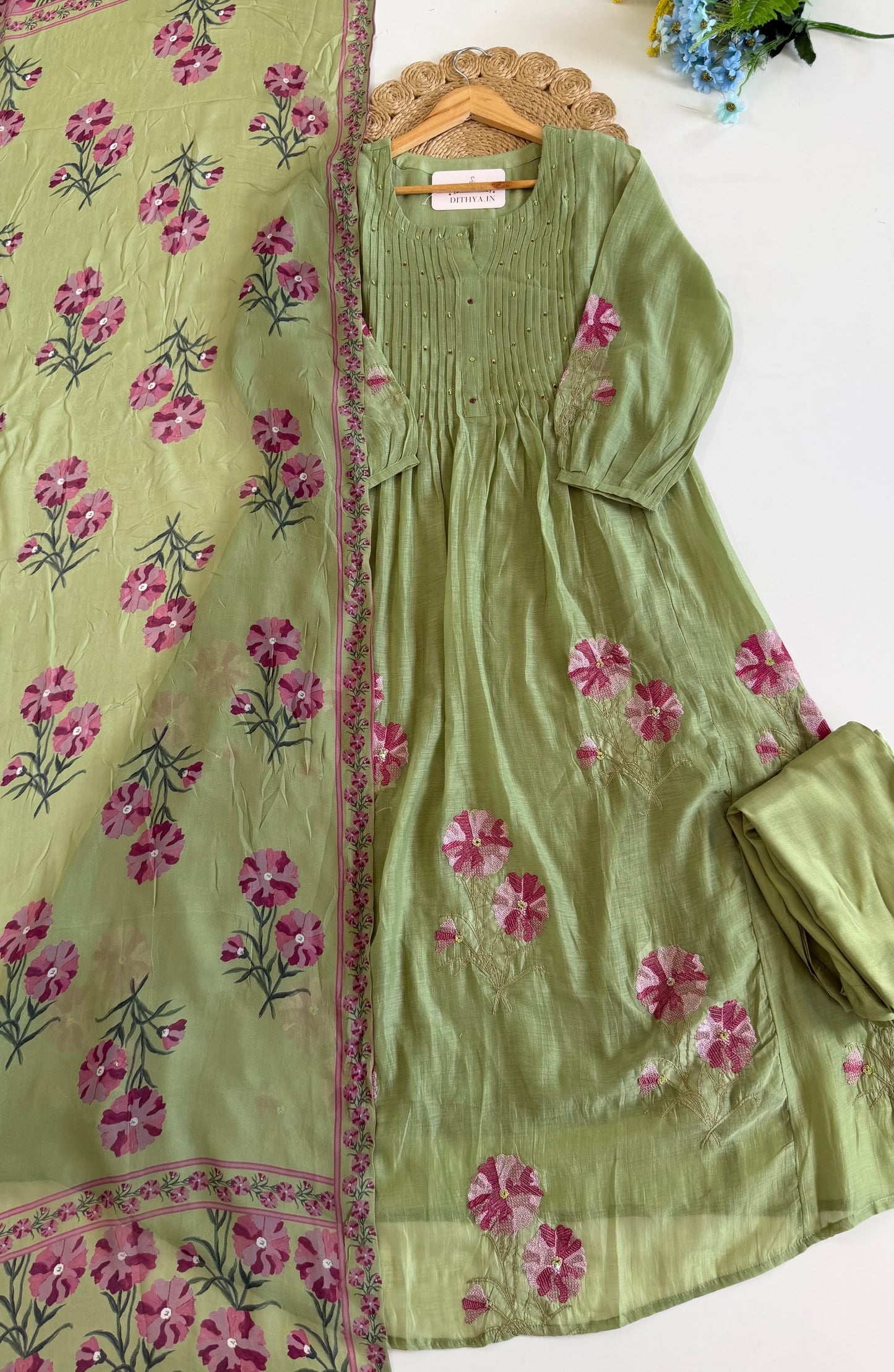 K600 - Mul chanderi embroidered Anarkali with pants and dupatta