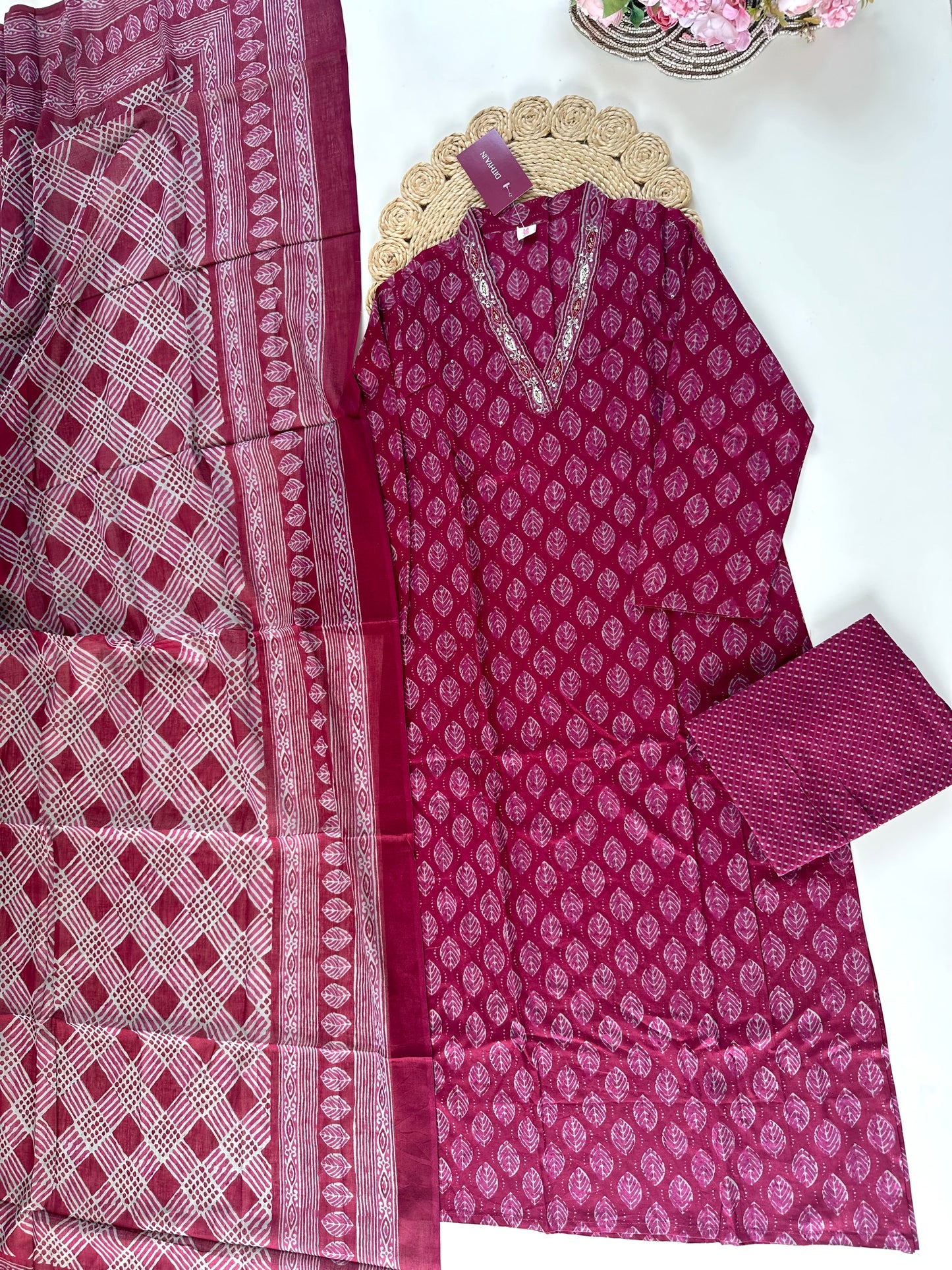 K384 - Cotton printed straight kurti with pants and dupatta.