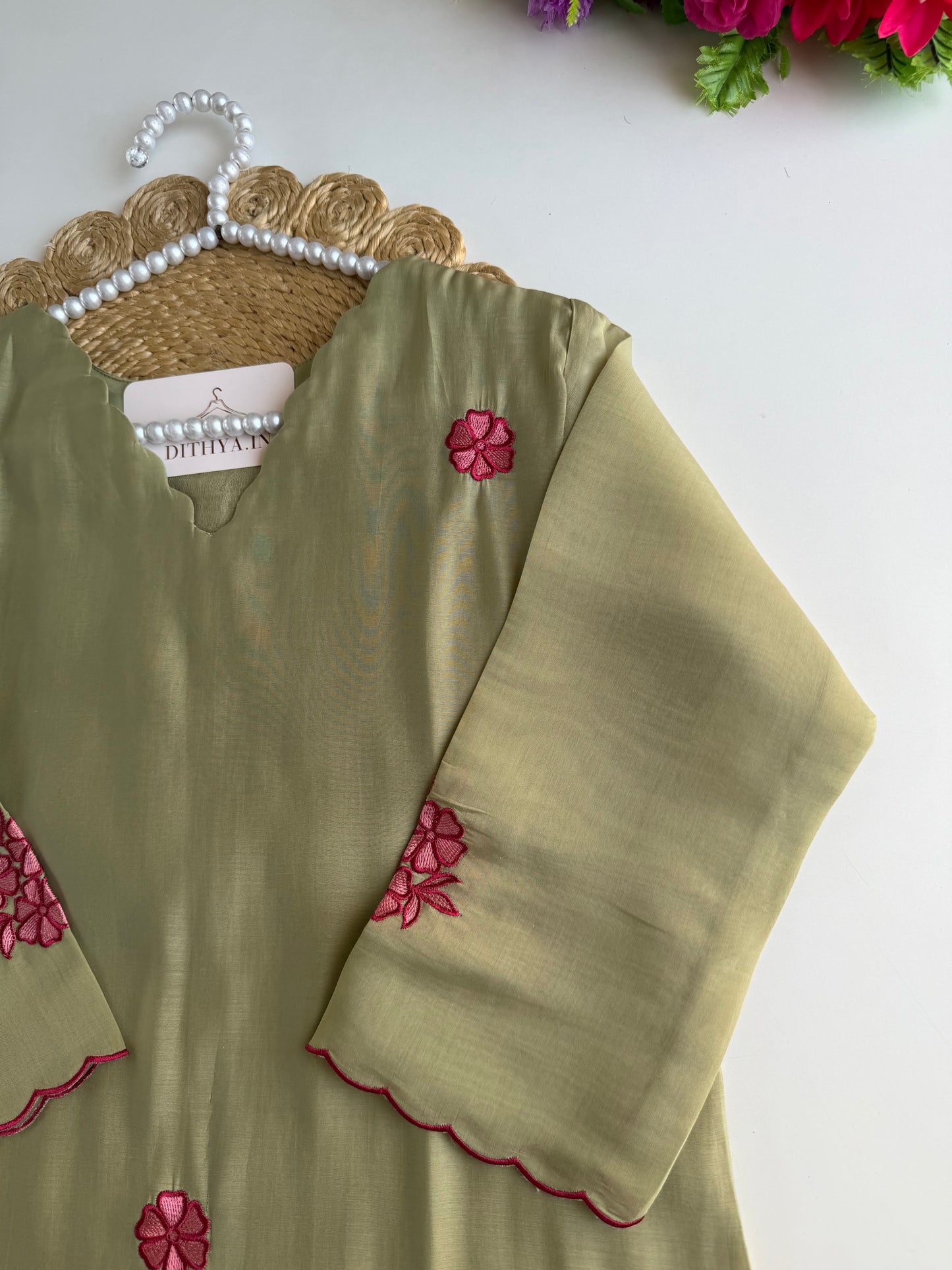 K075 - Mul chanderi embroidered Aline Kurti with pants and dupatta
