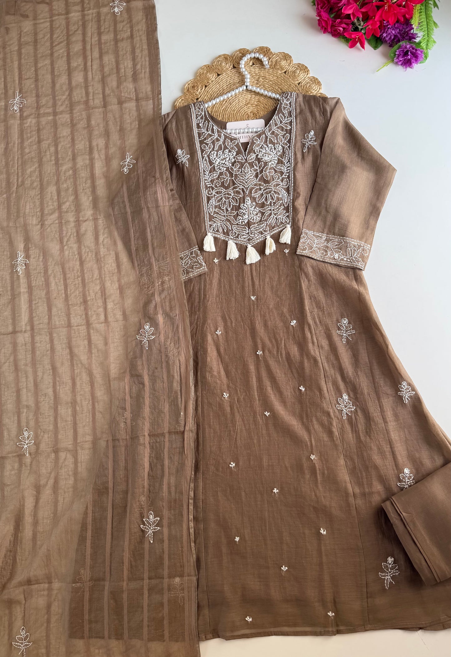 K729 - Mul chanderi embroidered Aline Kurti with pants and dupatta