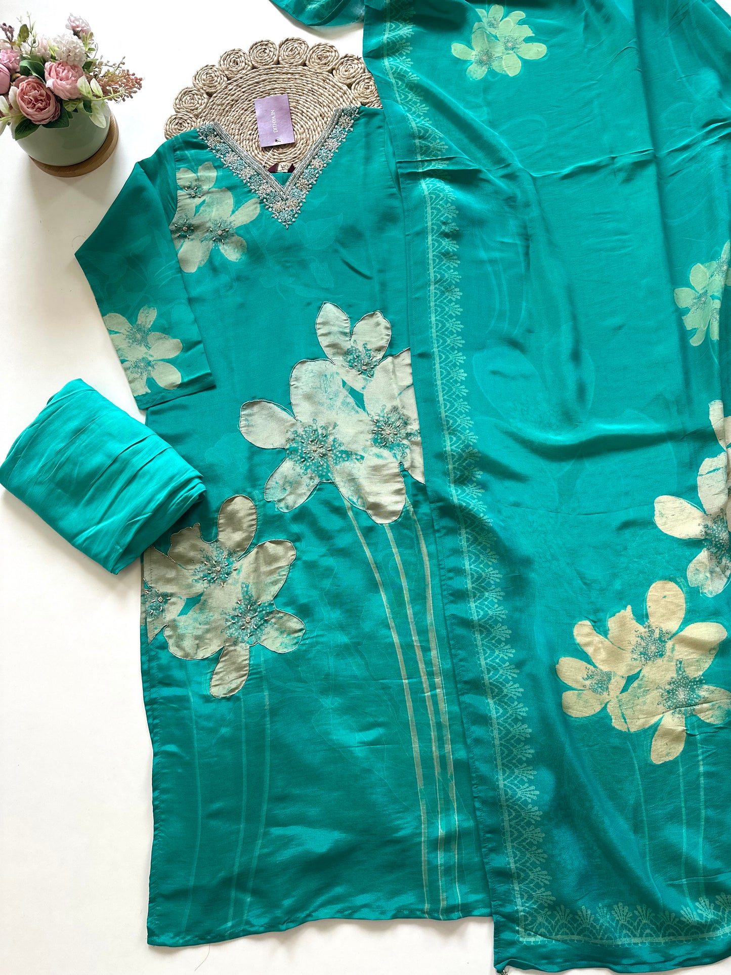 K023 - Tissue silk straight kurti with pants and dupatta .