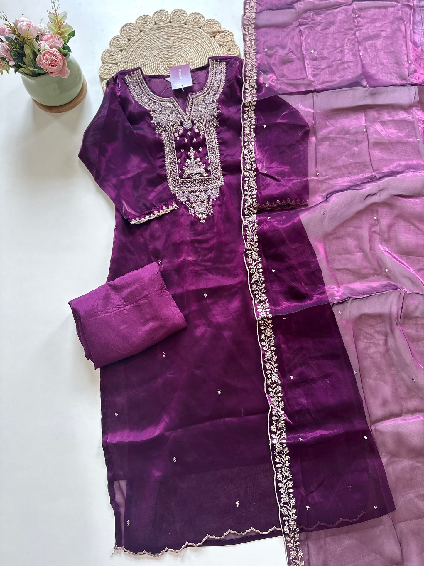 K139 - jimmy silk handwork straight kurti with pants and dupatta .