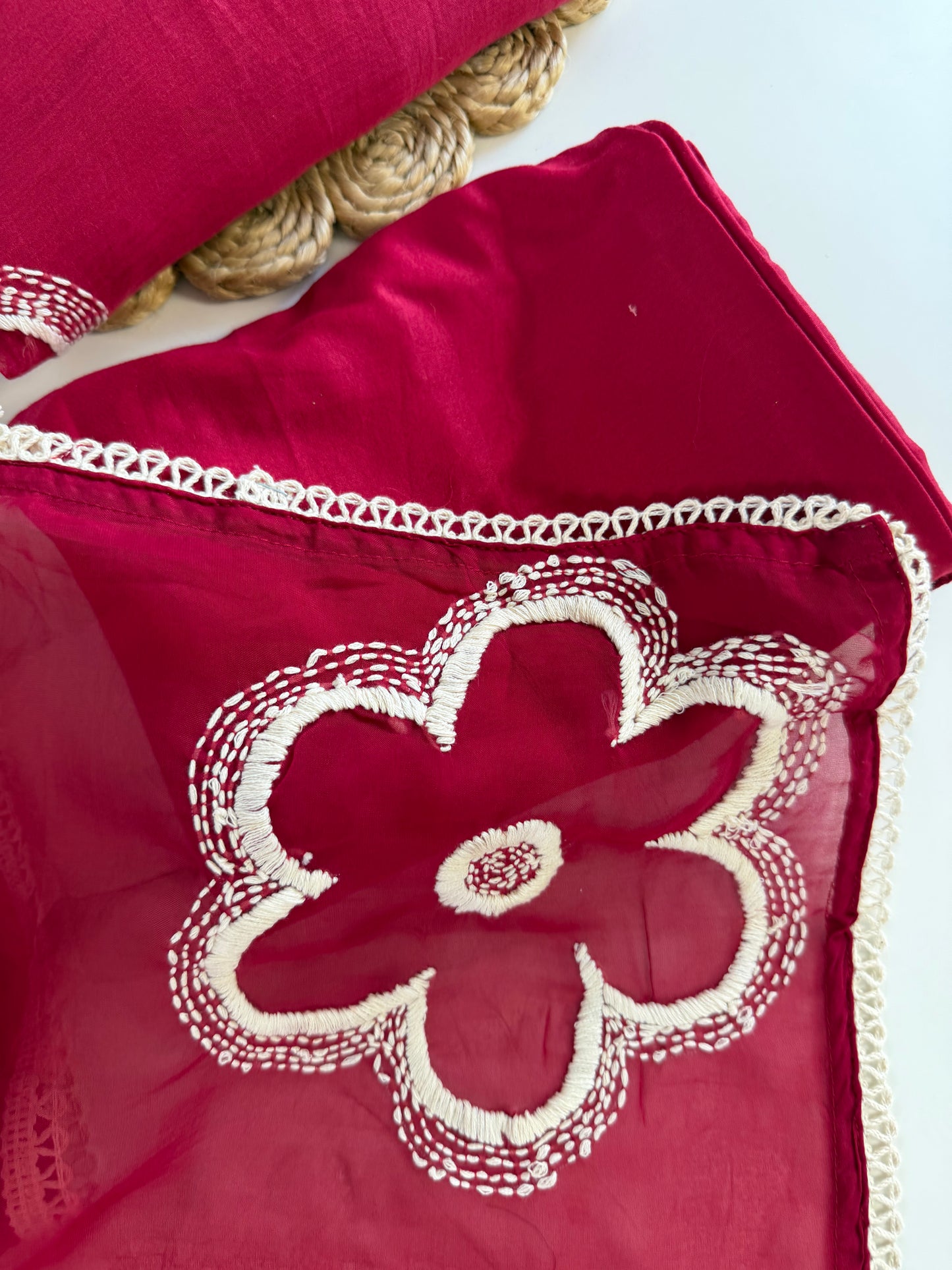 K609 - Mul chanderi embroidered Aline Kurti with pants and dupatta