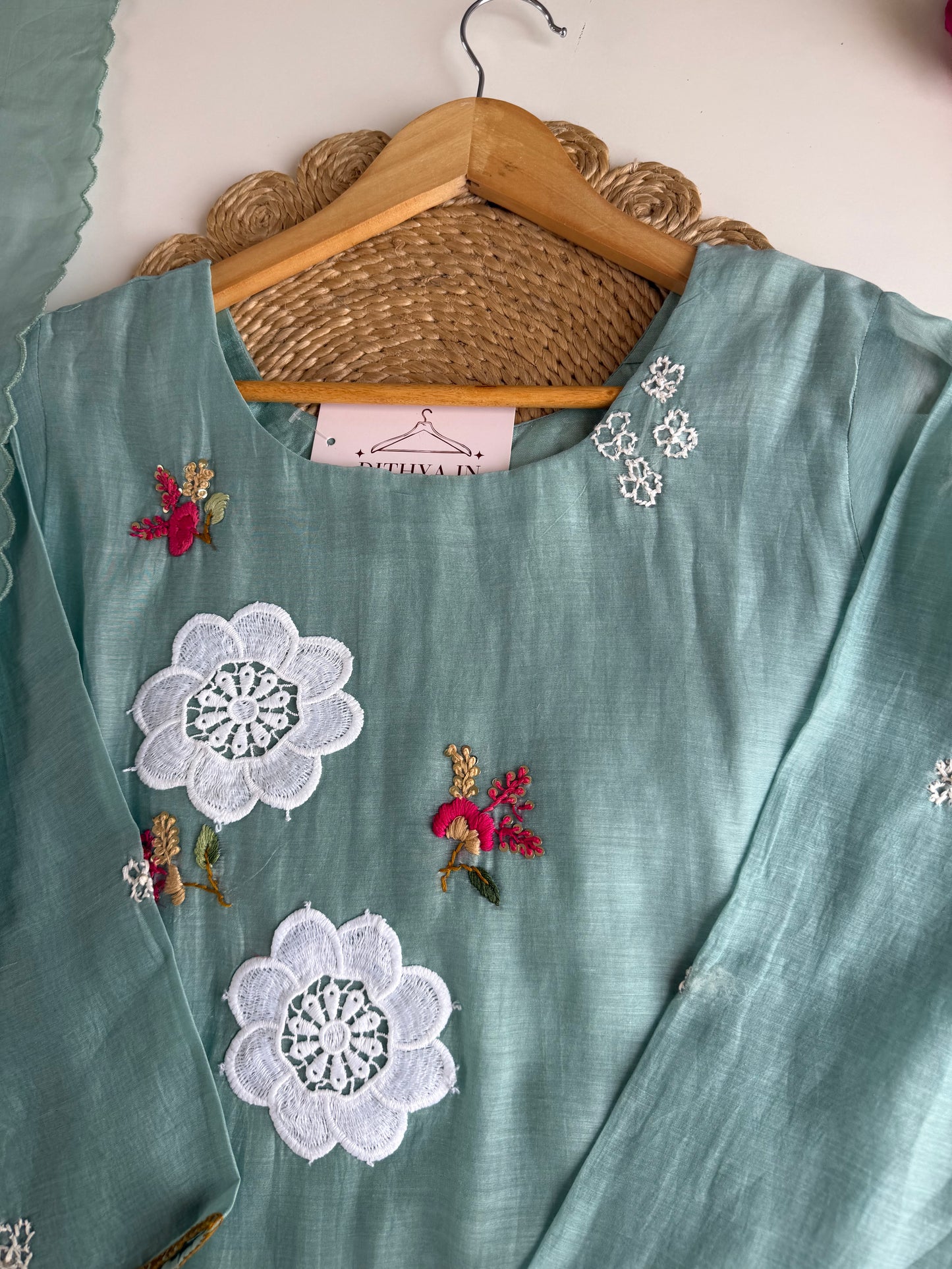 K411 - Mul chanderi appliqué embroidered Aline Kurti with pants and dupatta