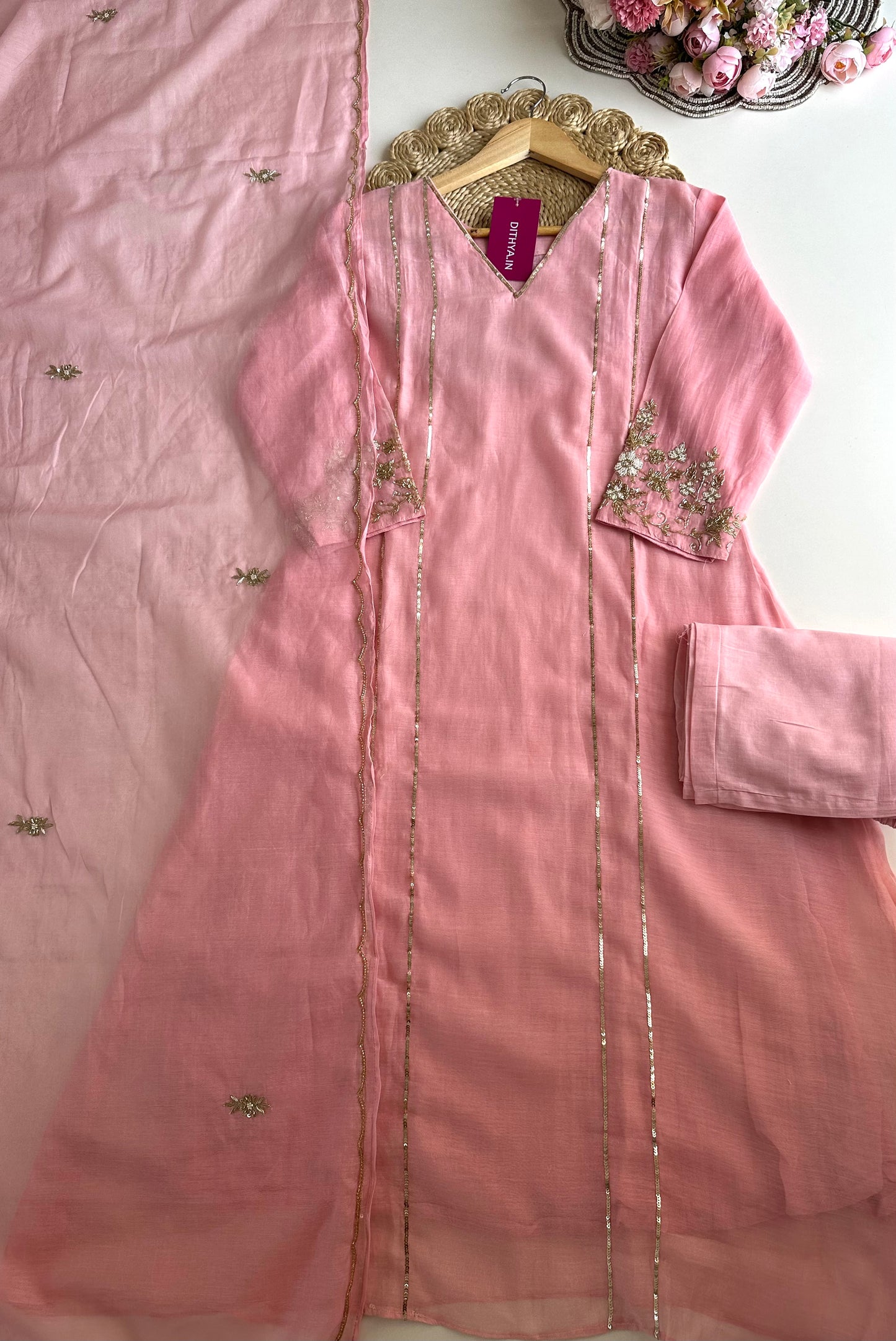 K070 - Mul Chanderi handwork Aline Kurti with pants and dupatta