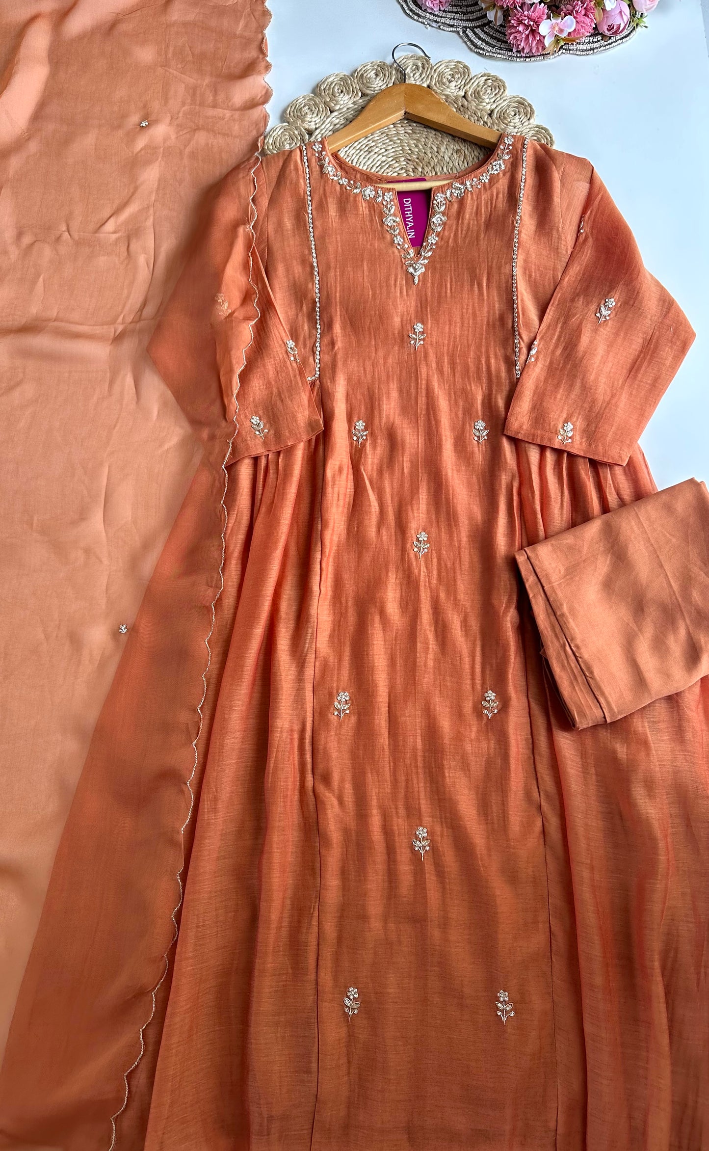 K160 - Mul Chanderi handwork Aline Kurti with pants and dupatta