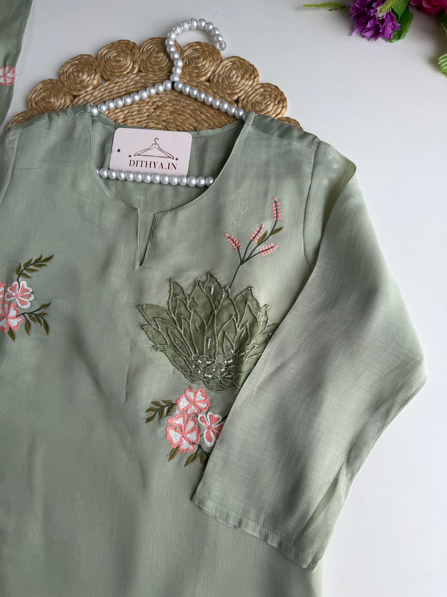 K592 - Surat Mul chanderi handwork straight Kurti with pants and dupatta