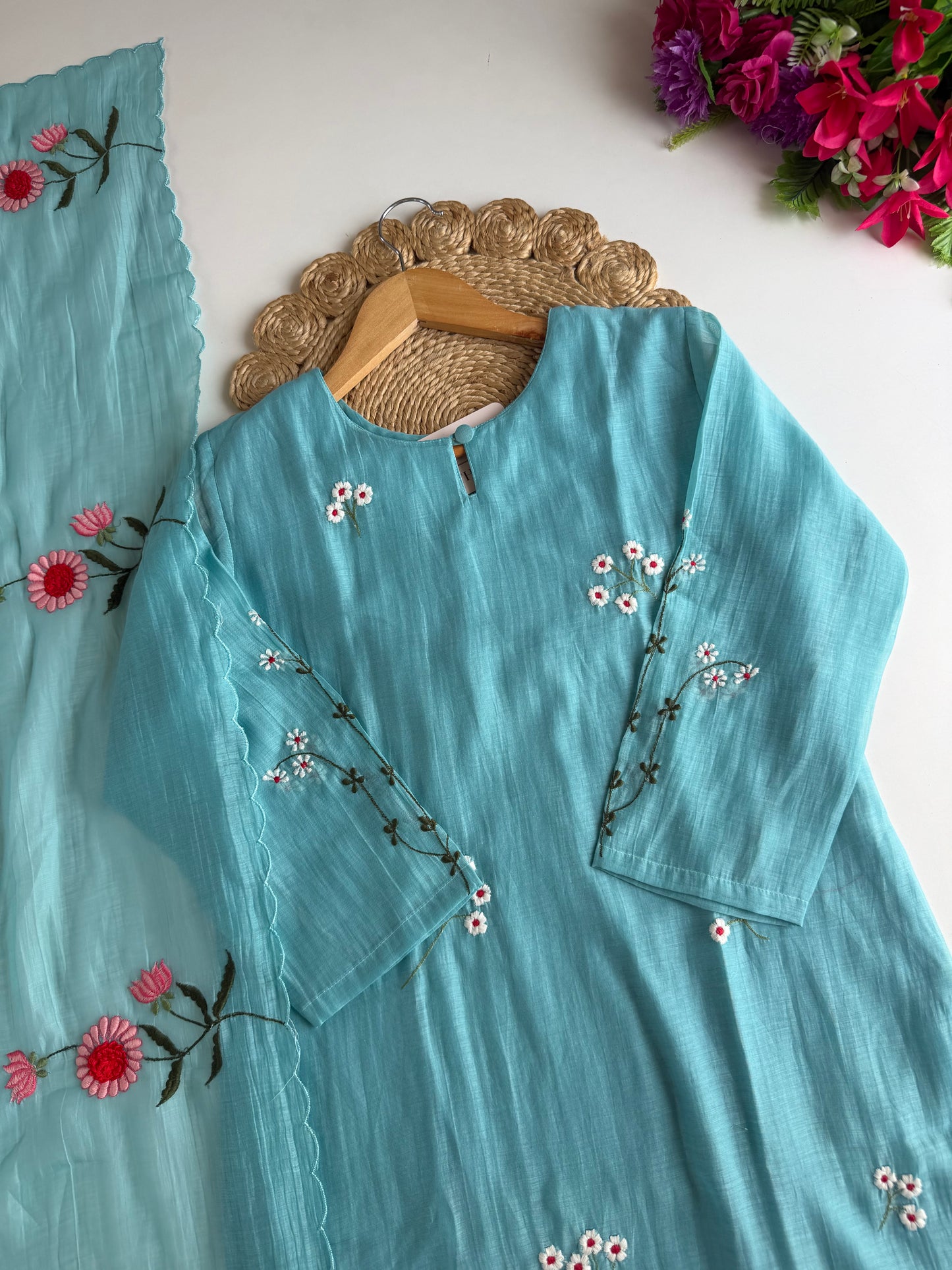 K629 - Mul chanderi 3D embroidered straight Kurti with pants and dupatta