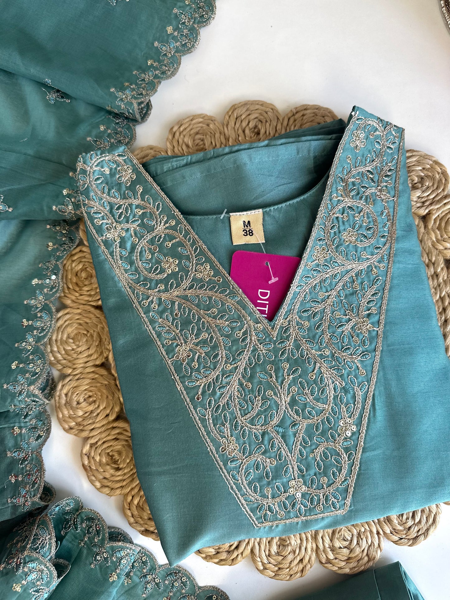 K457 - Roman silk zari work Aline Kurti with pants and dupatta in 2 colours