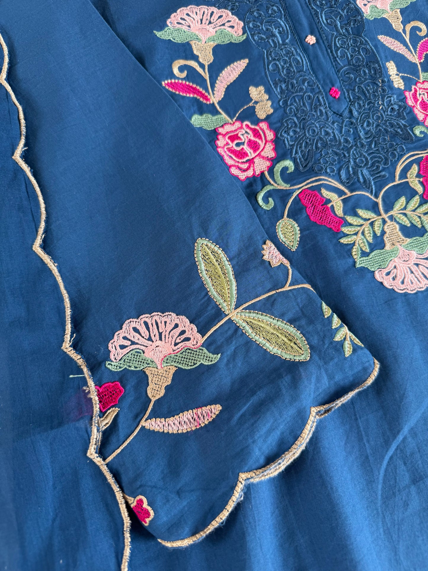 K679 - Mul cotton embroidered straight Kurti with pants and dupatta