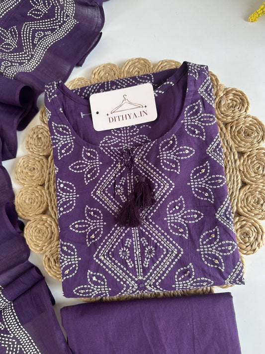 K446 - Mul cotton printed Aline Kurti with pants and dupatta