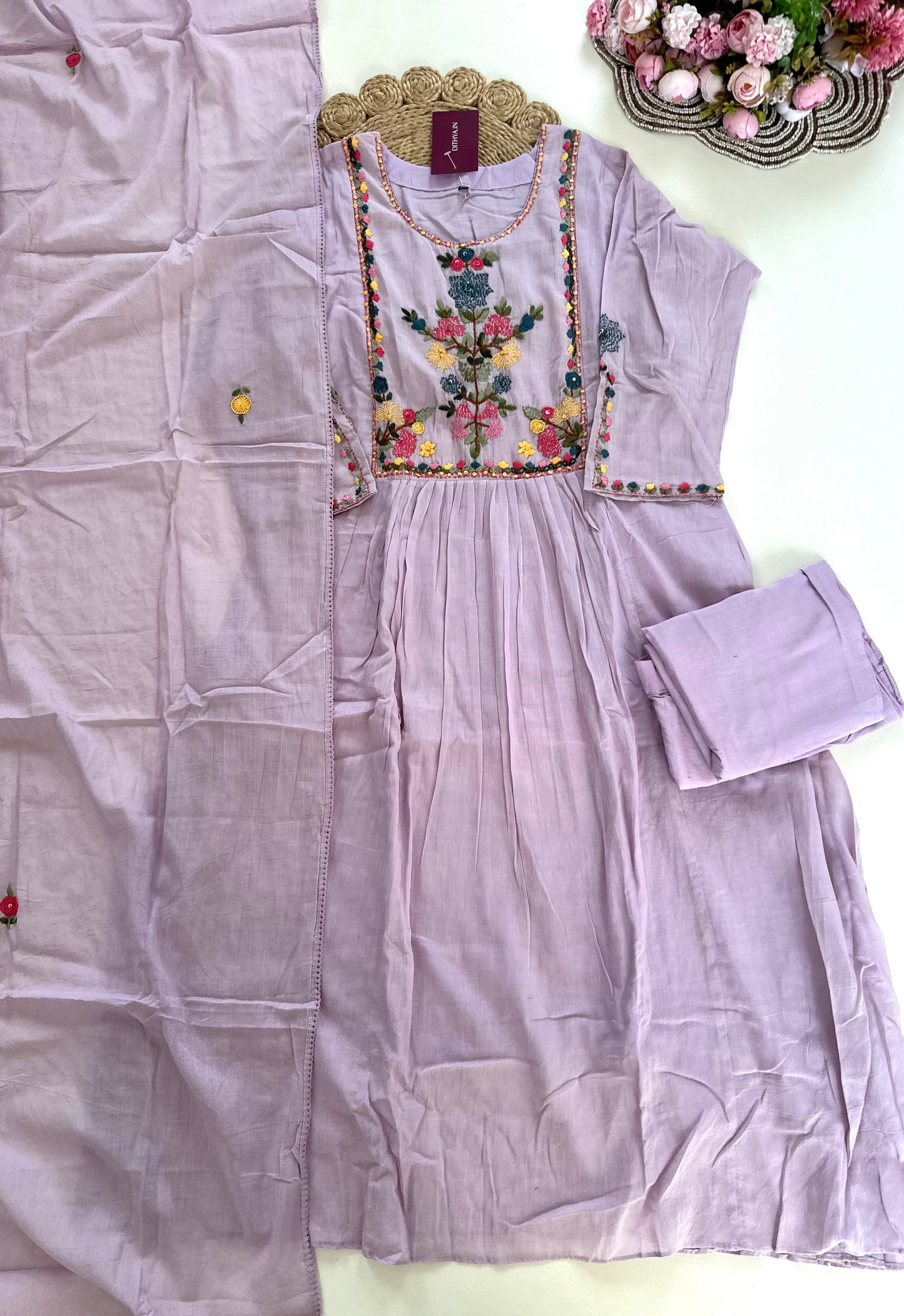 K157 - Mul cotton embroidered Anarkali with pants and dupatta in 2 colours