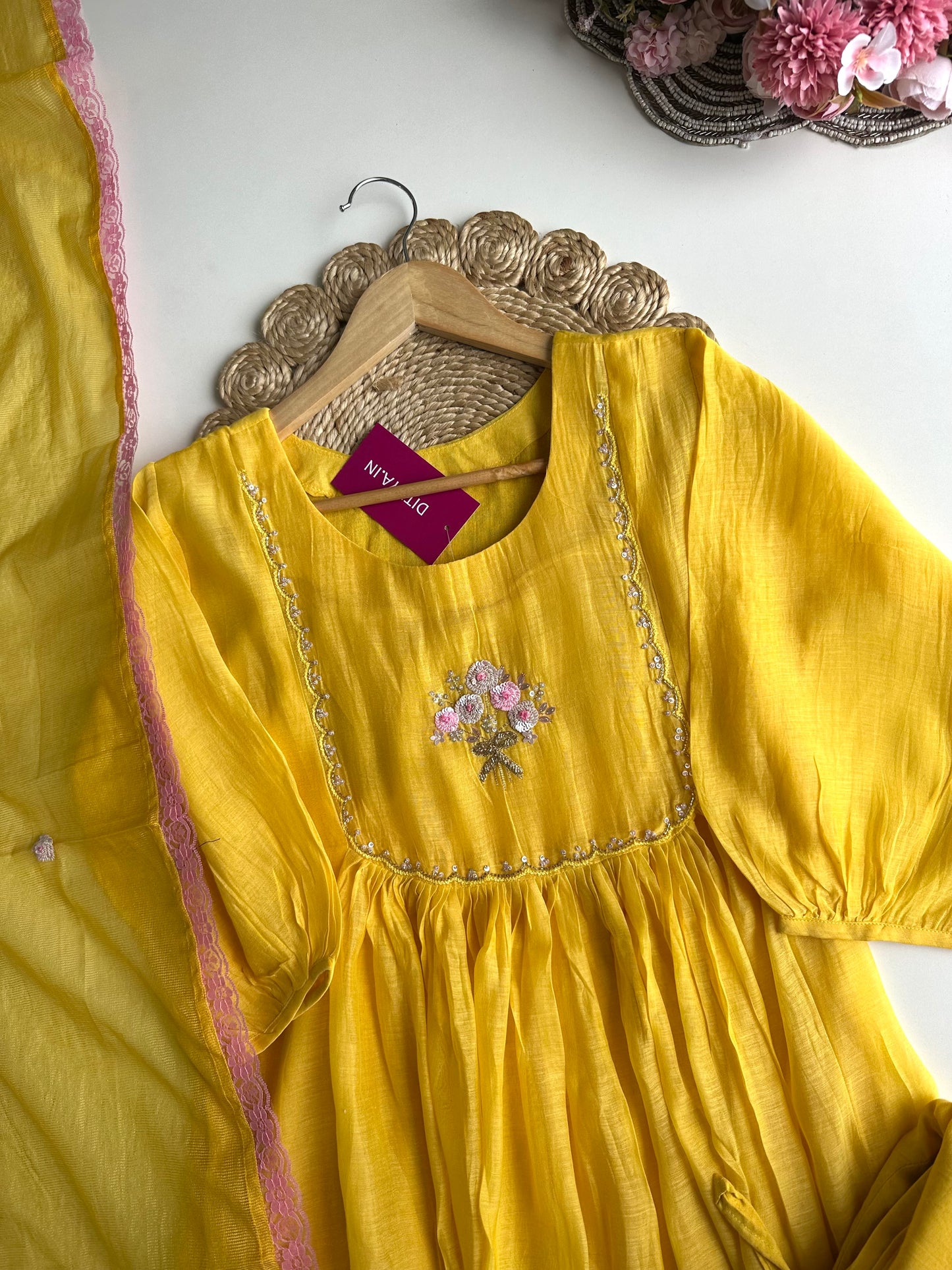 K348 - Mul Chanderi Handwork Anarkali with pants and doriya dupatta