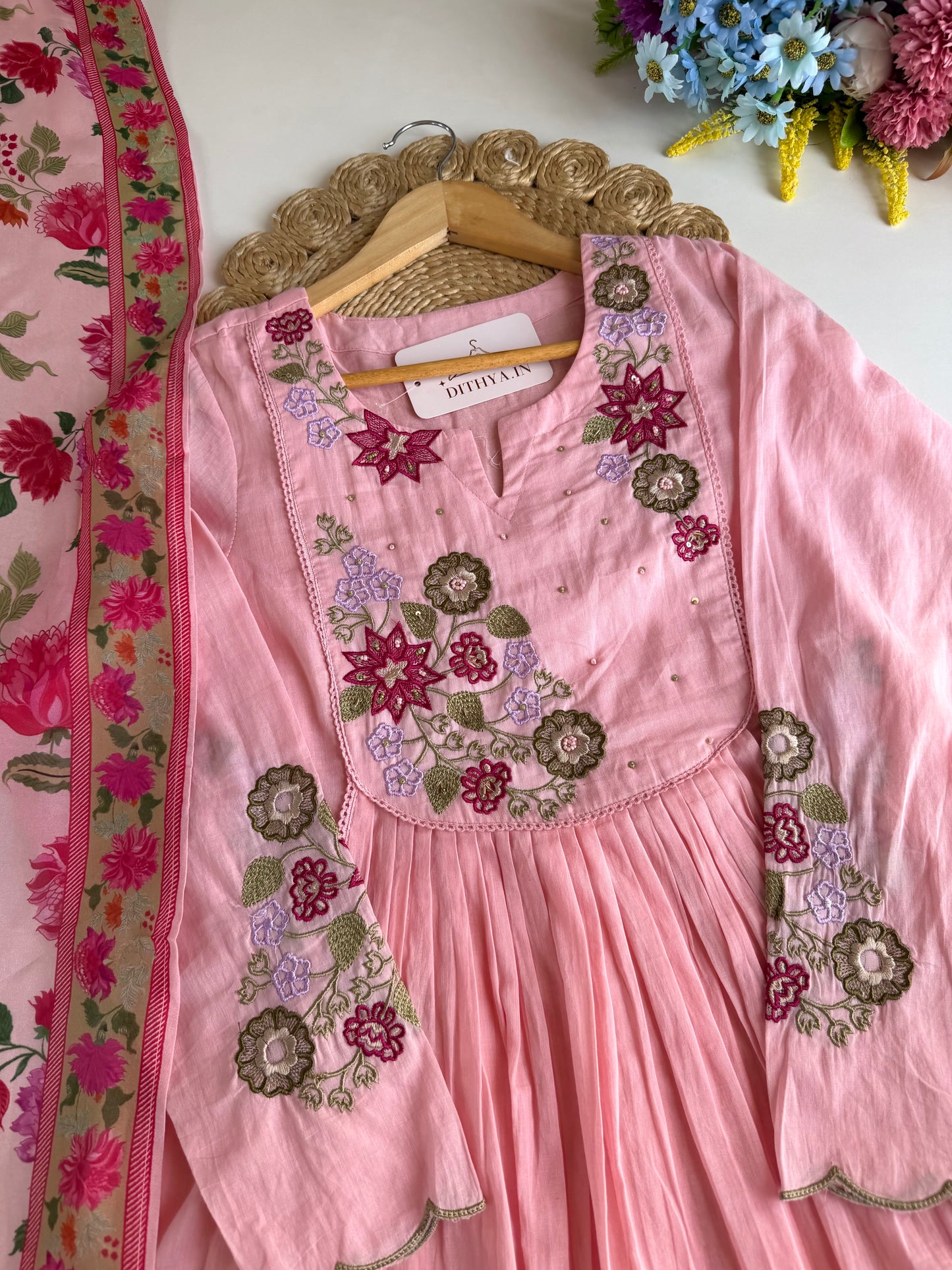 K089 - Mulmul cotton embroidered Anarkali with pants and dupatta