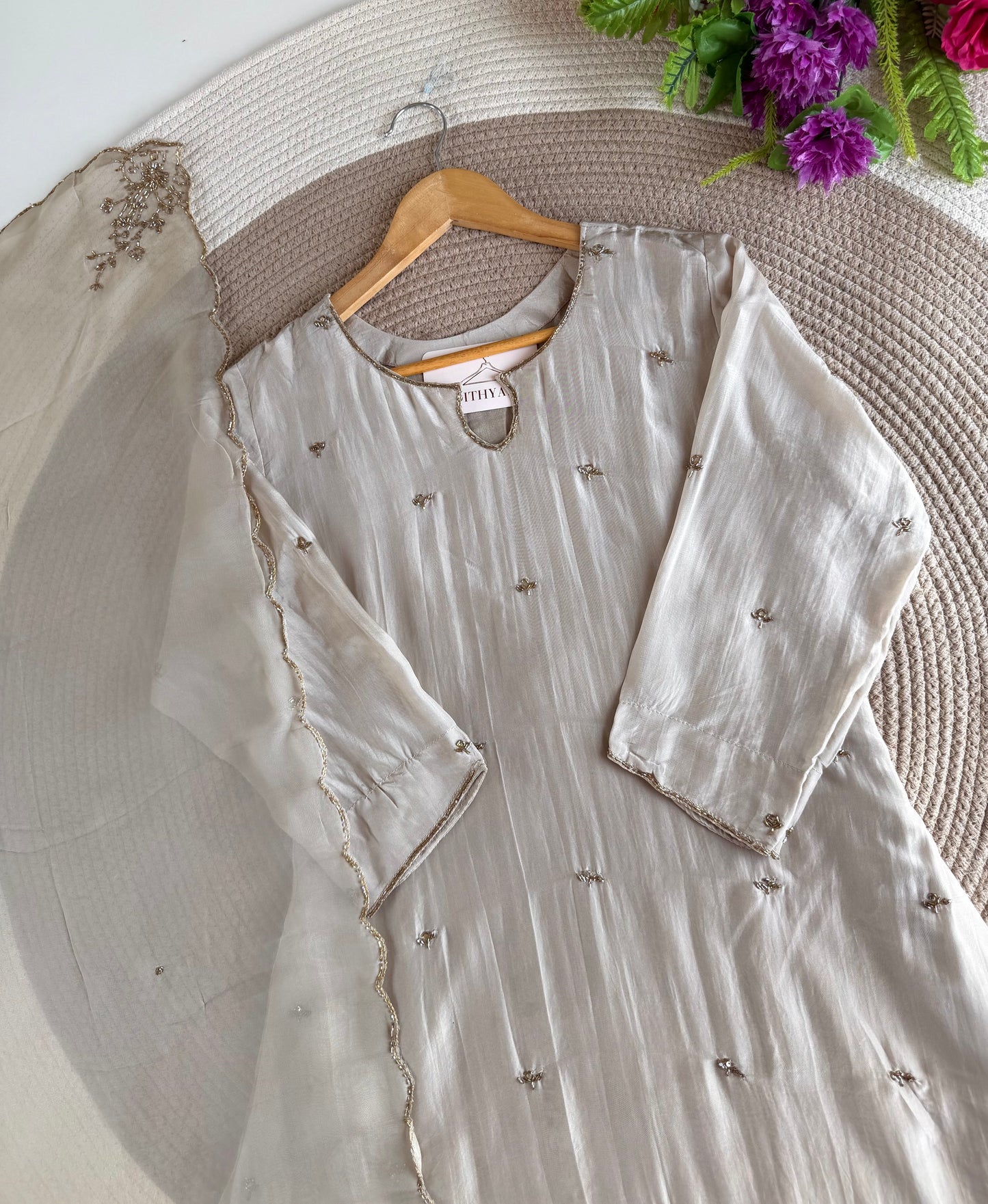 K736 - Pure crape handwork Aline Kurti with pants and dupatta