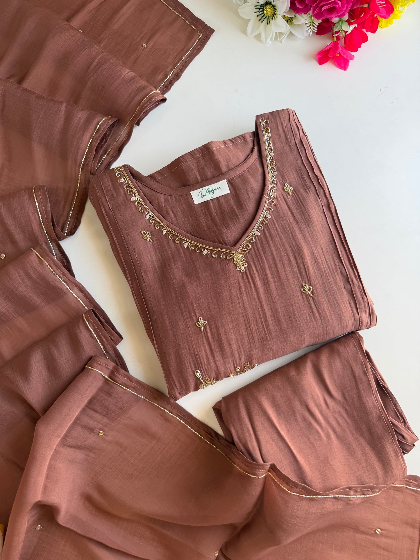 K484 - Surat Mul chanderi handwork aline Kurti with pants and dupatta