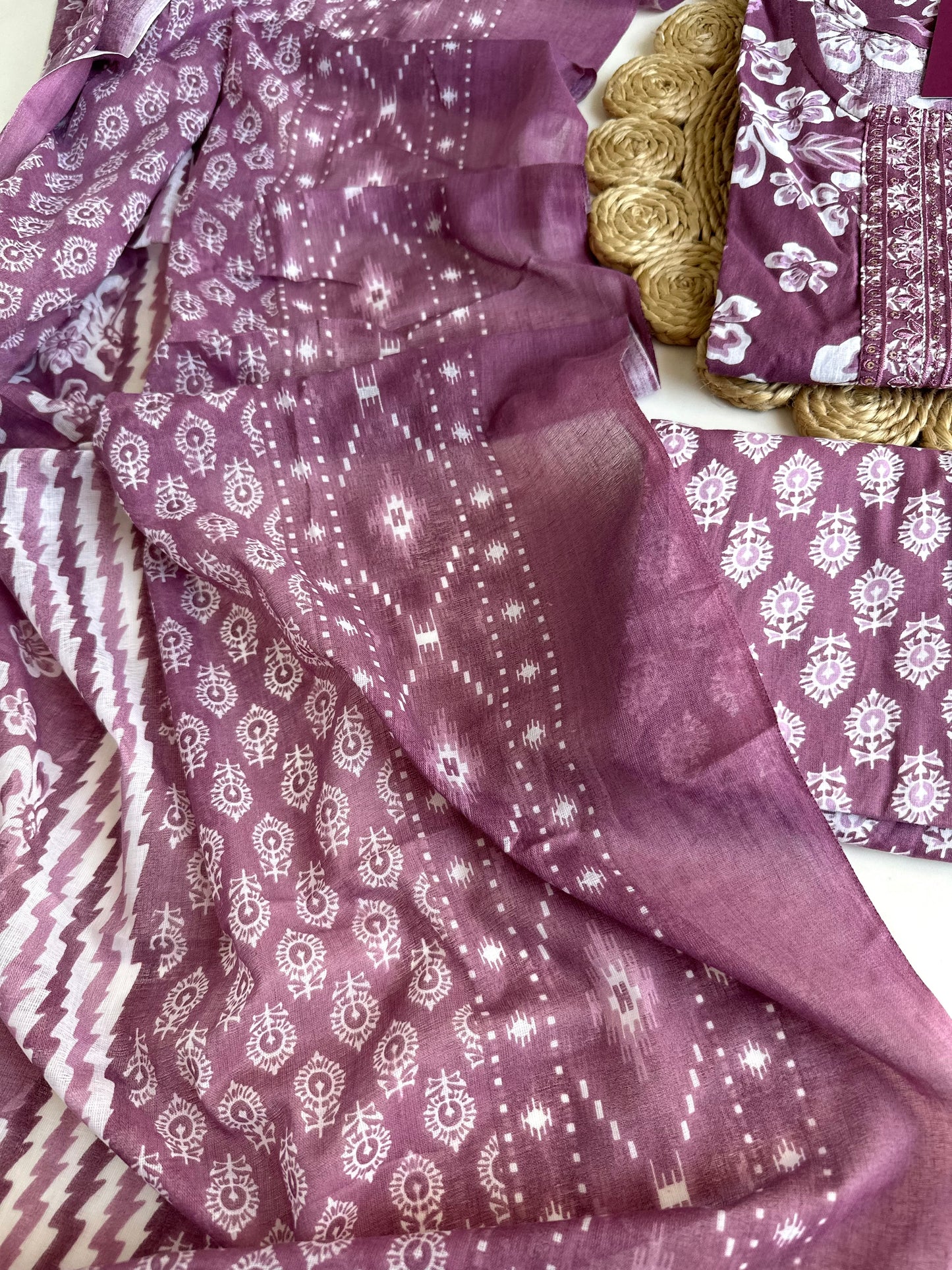 K383- Cotton Printed straight Kurti with pants and dupatta in 2 colours