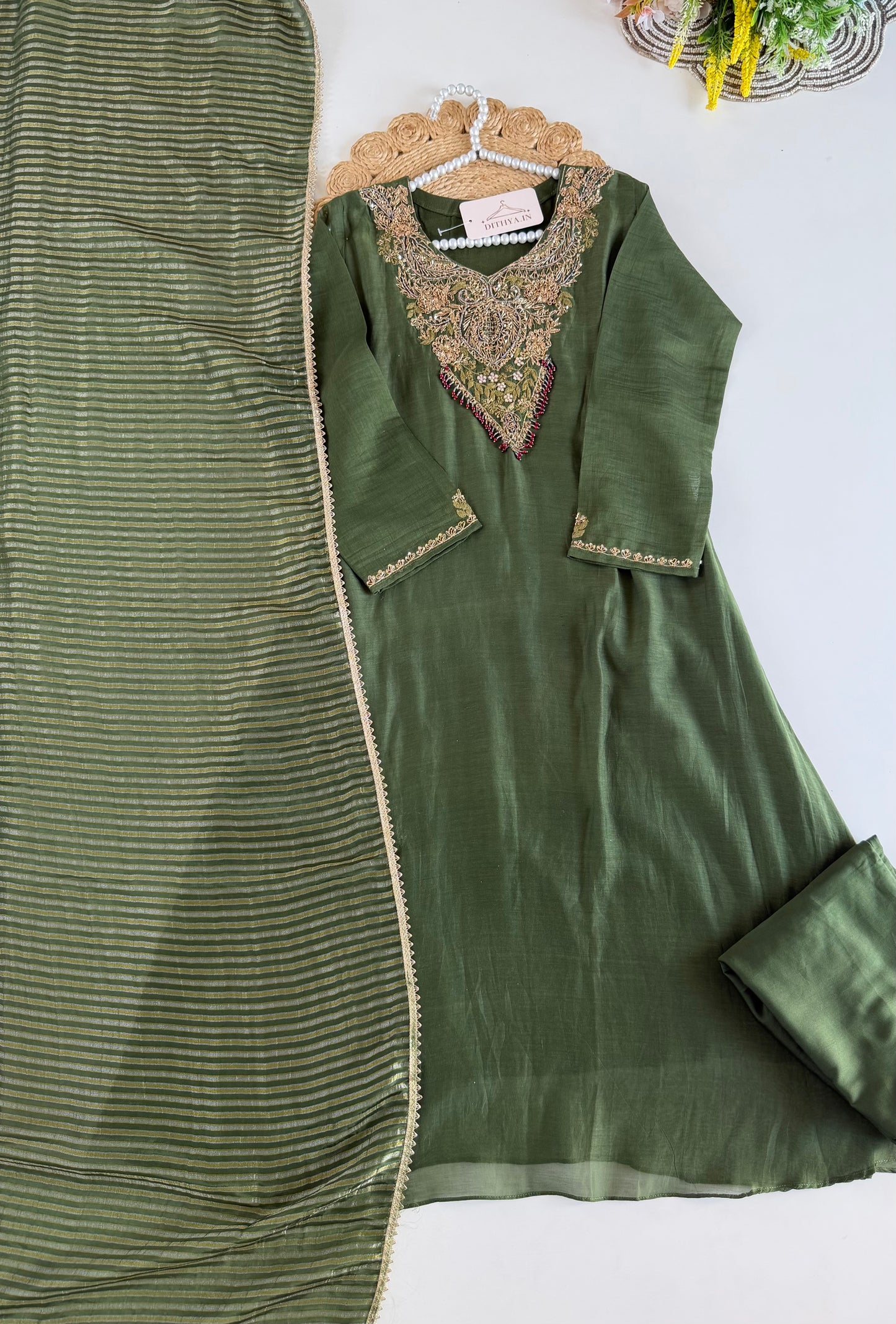 K374 - Mul chanderi handwork aline Kurti with pants and dupatta