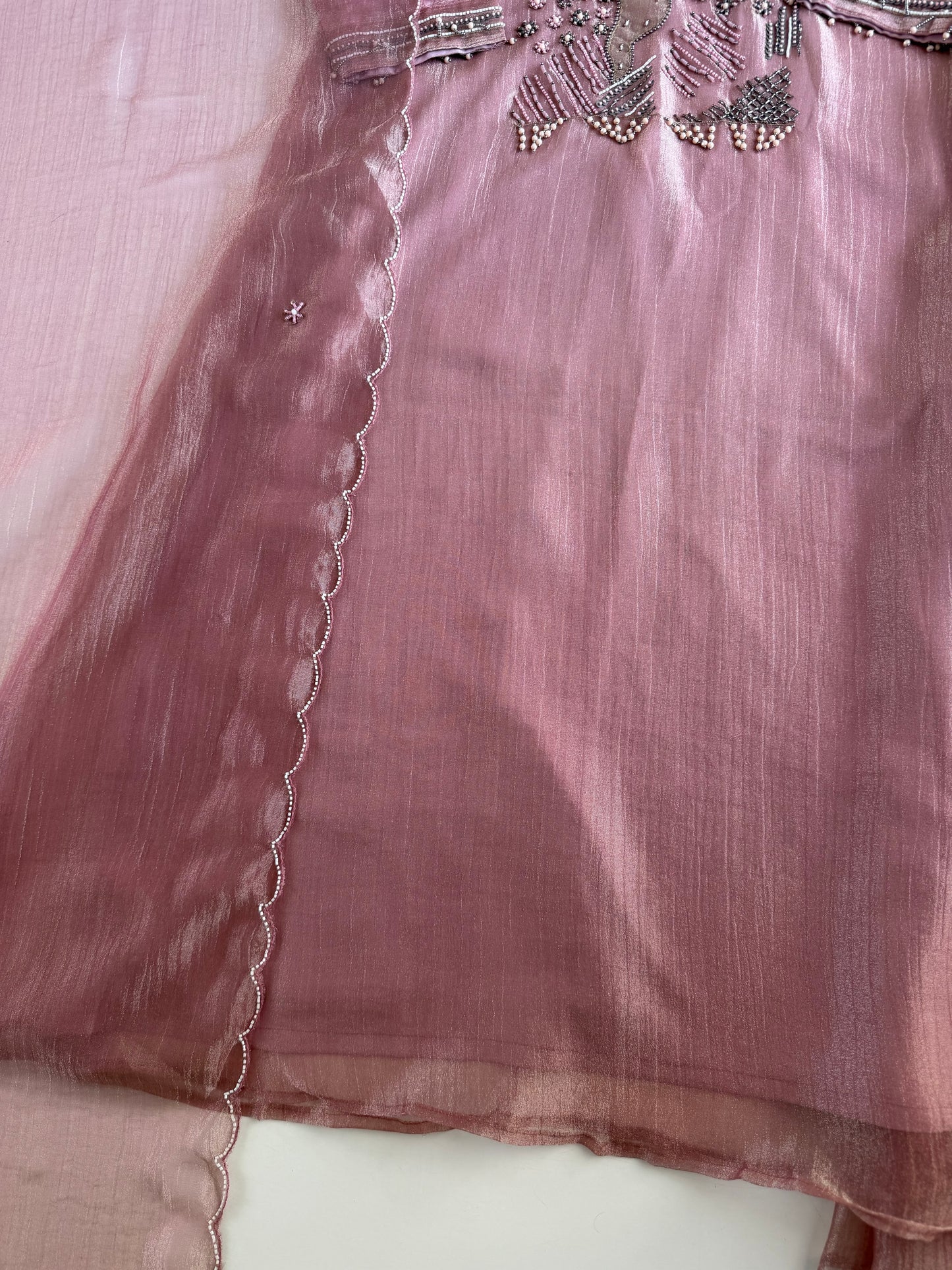 K544 - Crush tissue handwork Aline Kurti with divider pants and dupatta