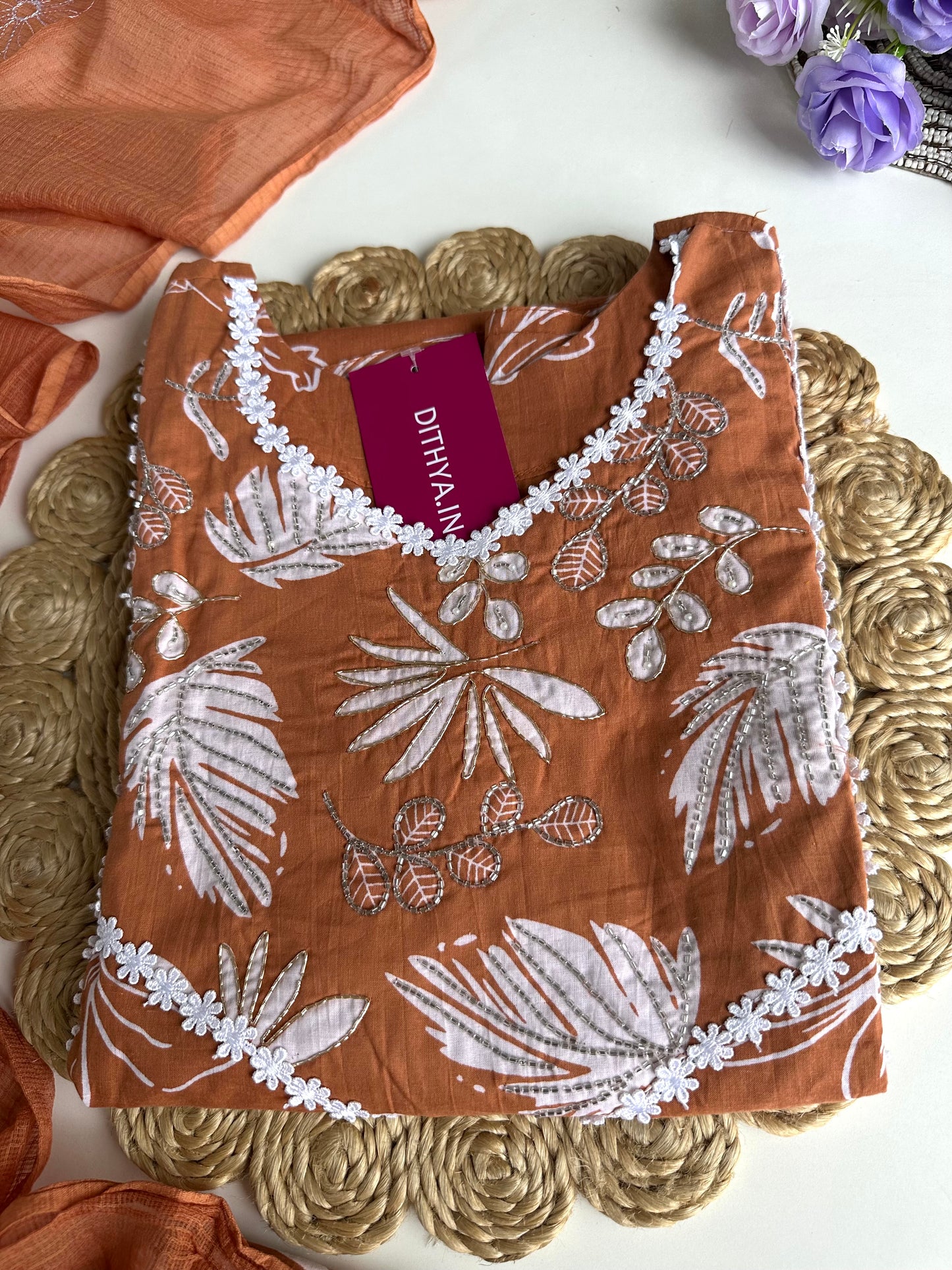K217 - Cotton floral straight kurti with pants and dupatta