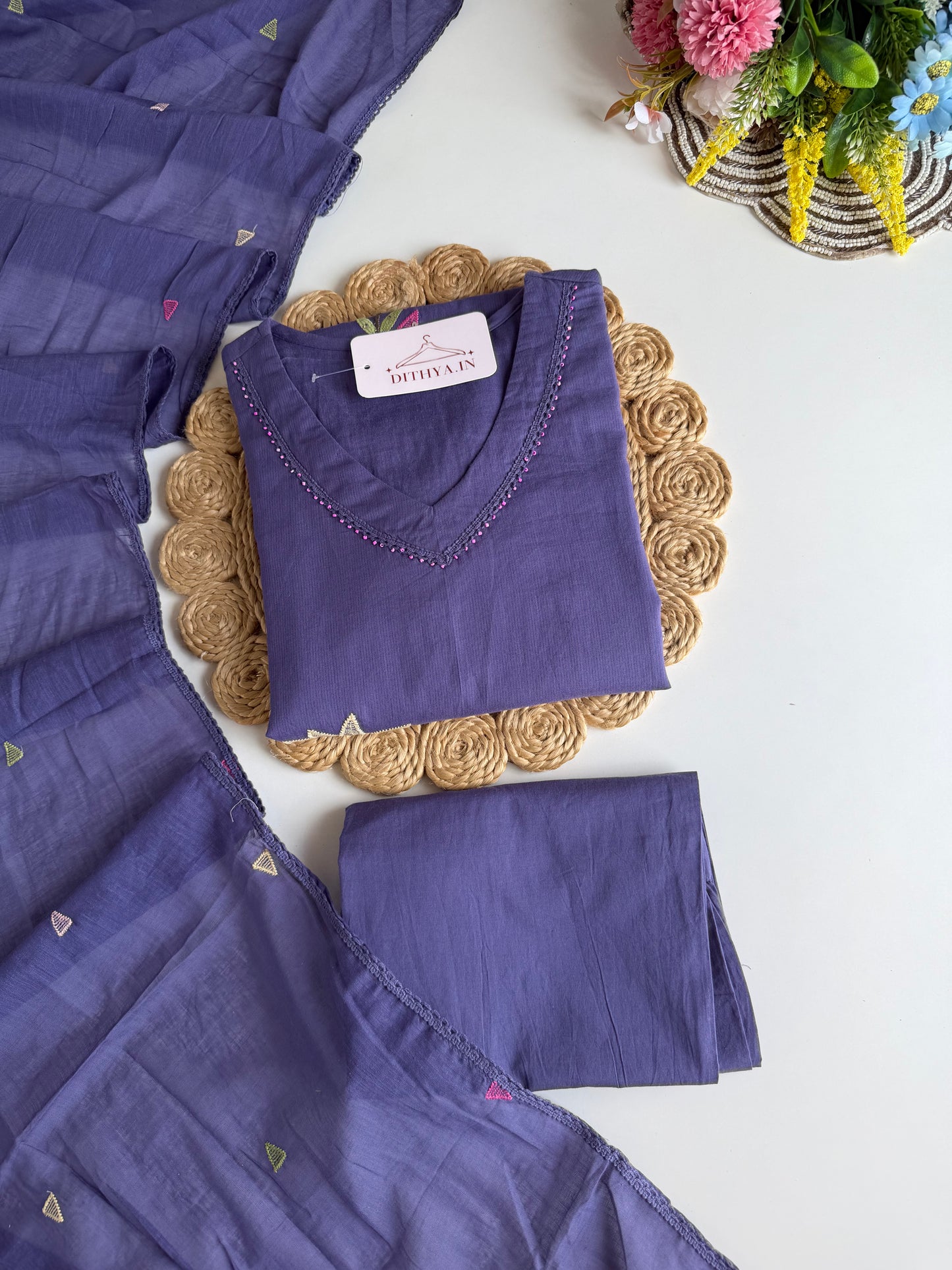 K688 - Mul cotton embroidered straight Kurti with pants and dupatta