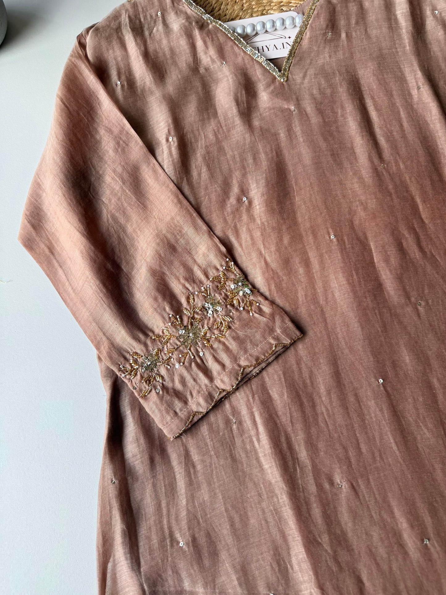 K593 - Mul chanderi handwork aline Kurti with pants and dupatta