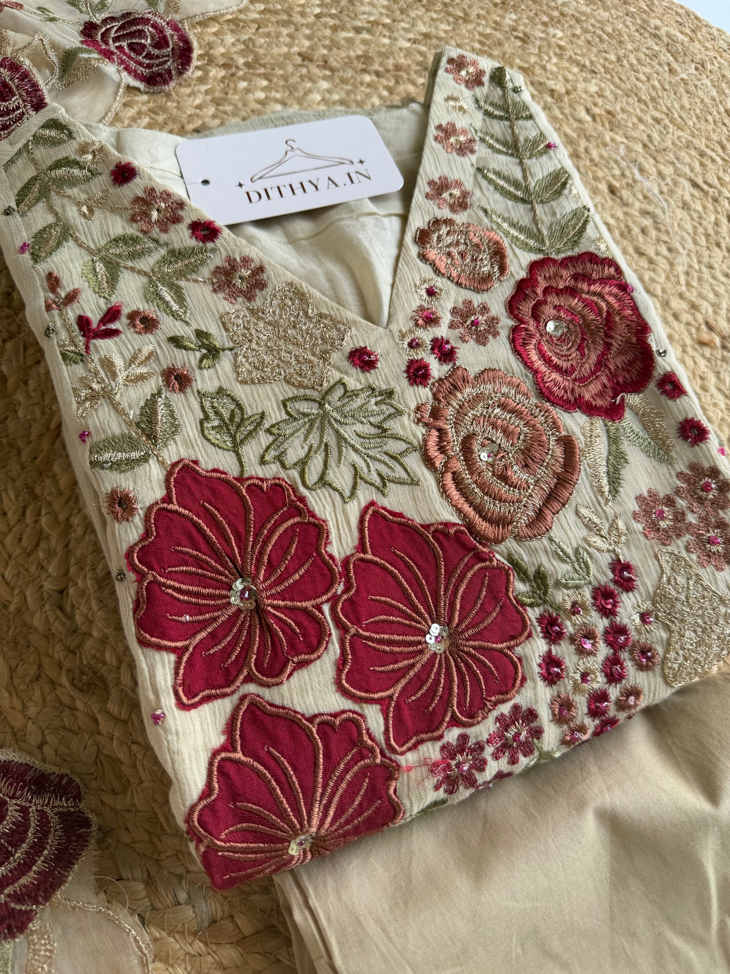 K445 - Crushed cotton embroidered Anarkali with pants and dupatta